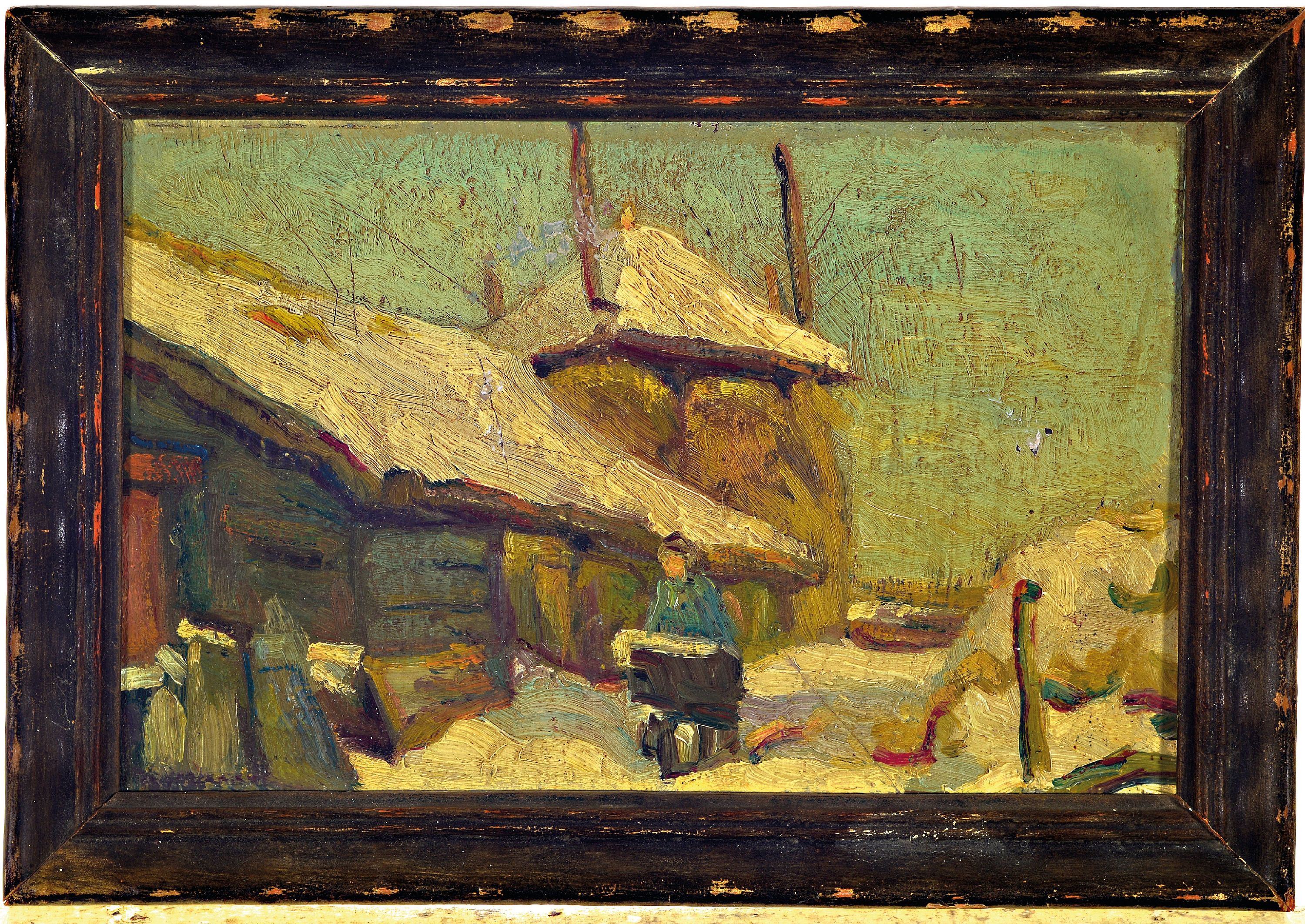Detail k: Carl Schmitz-Pleis, 1877-1943, winterliche Dorflandschaft, verso Nachlaßstempel, Öl/Holz,Reinigung empfohlen, Alterssp., Rahmen 18x26 cm
