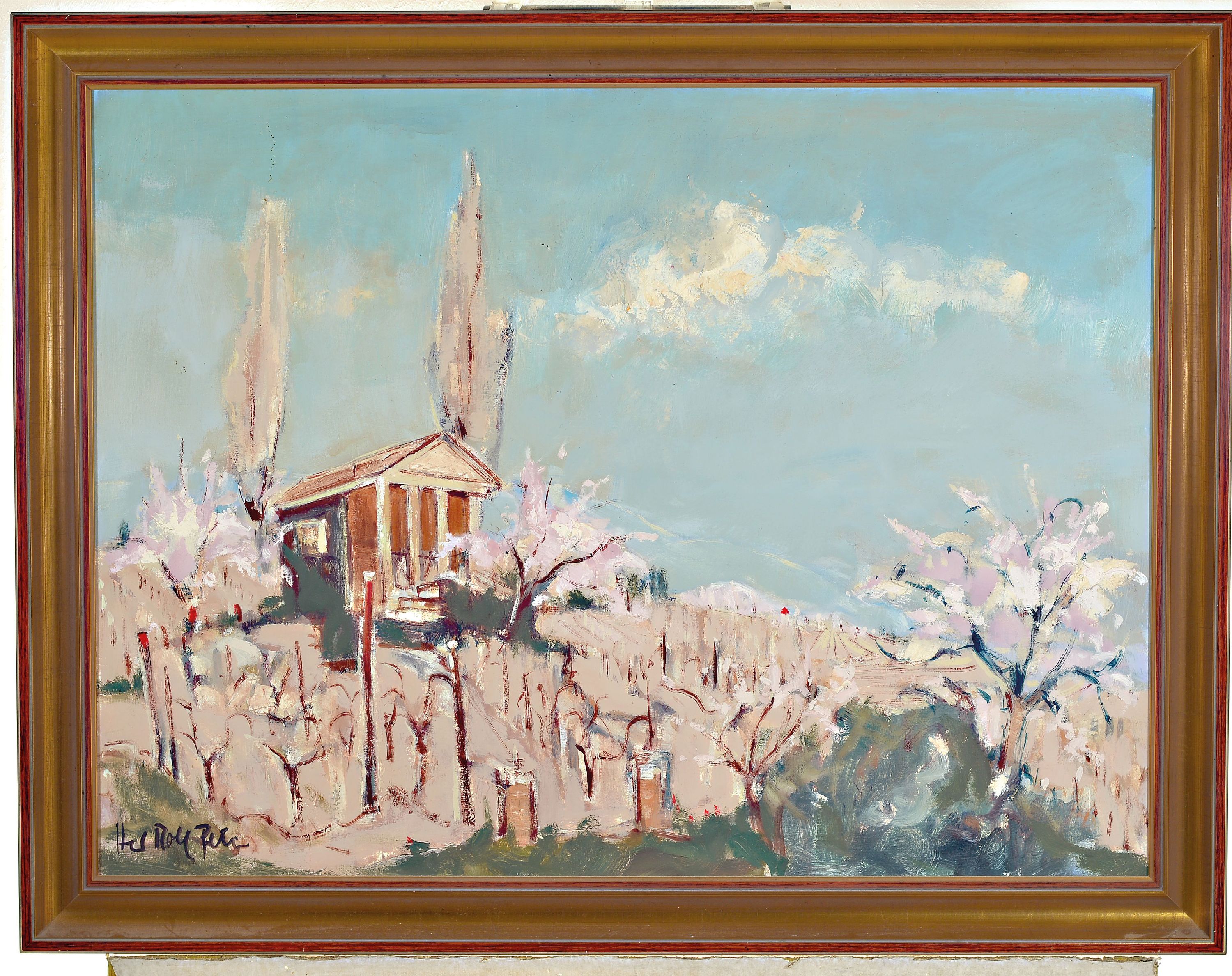 Detail k: Hans Rolf Peter, 1926-2020 Neustadt an der Weinstr., "Mandelblüte in der Pfalz", Öl/Lwd, (Vigillienturm in Bad Dürkheim), links unten ...