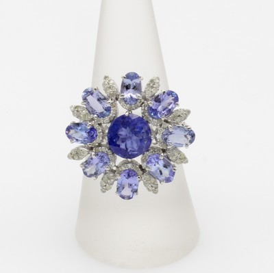 Image Ring mit Tansaniten und Diamanten, 925er Silber, runder Ringkopf in verspieltem ...