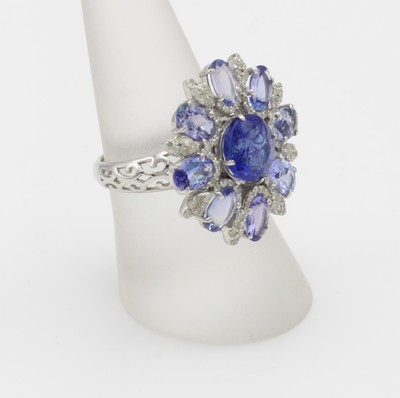 26999565a - Ring mit Tansaniten und Diamanten, 925er Silber, runder Ringkopf in verspieltem ...