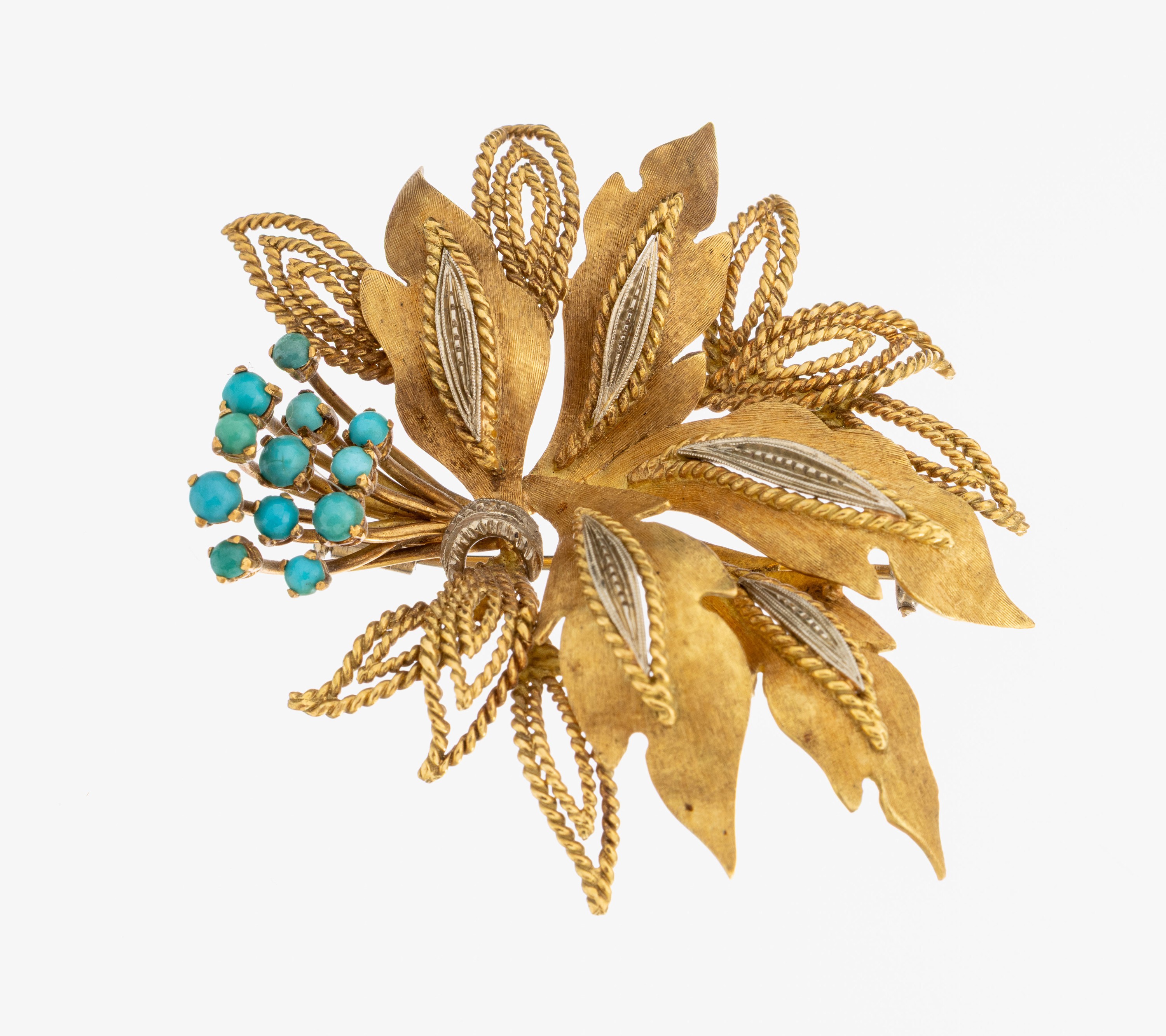 Image 26999630 - 18 kt Gold Türkis-Brosche, 1960er Jahre, GG750/000, abstrakt floral, Blätter teilw. ...