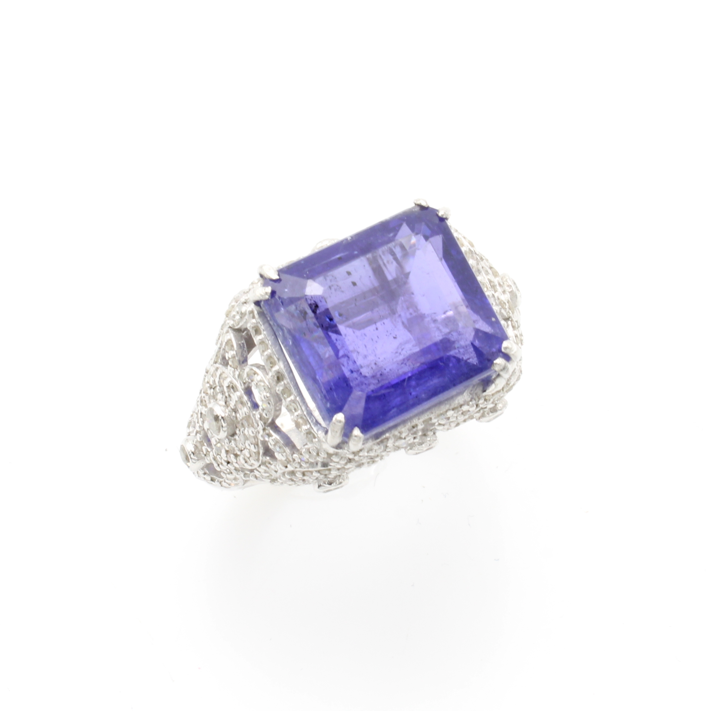 Image 26999644 - Ring mit Tansanit und Diamanten, 925er Silber, ornamentreiche Ringschultern, ...