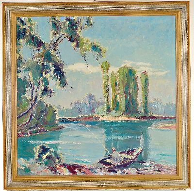 26999611k - Karl Graf, 1902 Rothenburg-1986 Speyer, Am Altrhein, rückseitig so betitelt, Öl/ ...