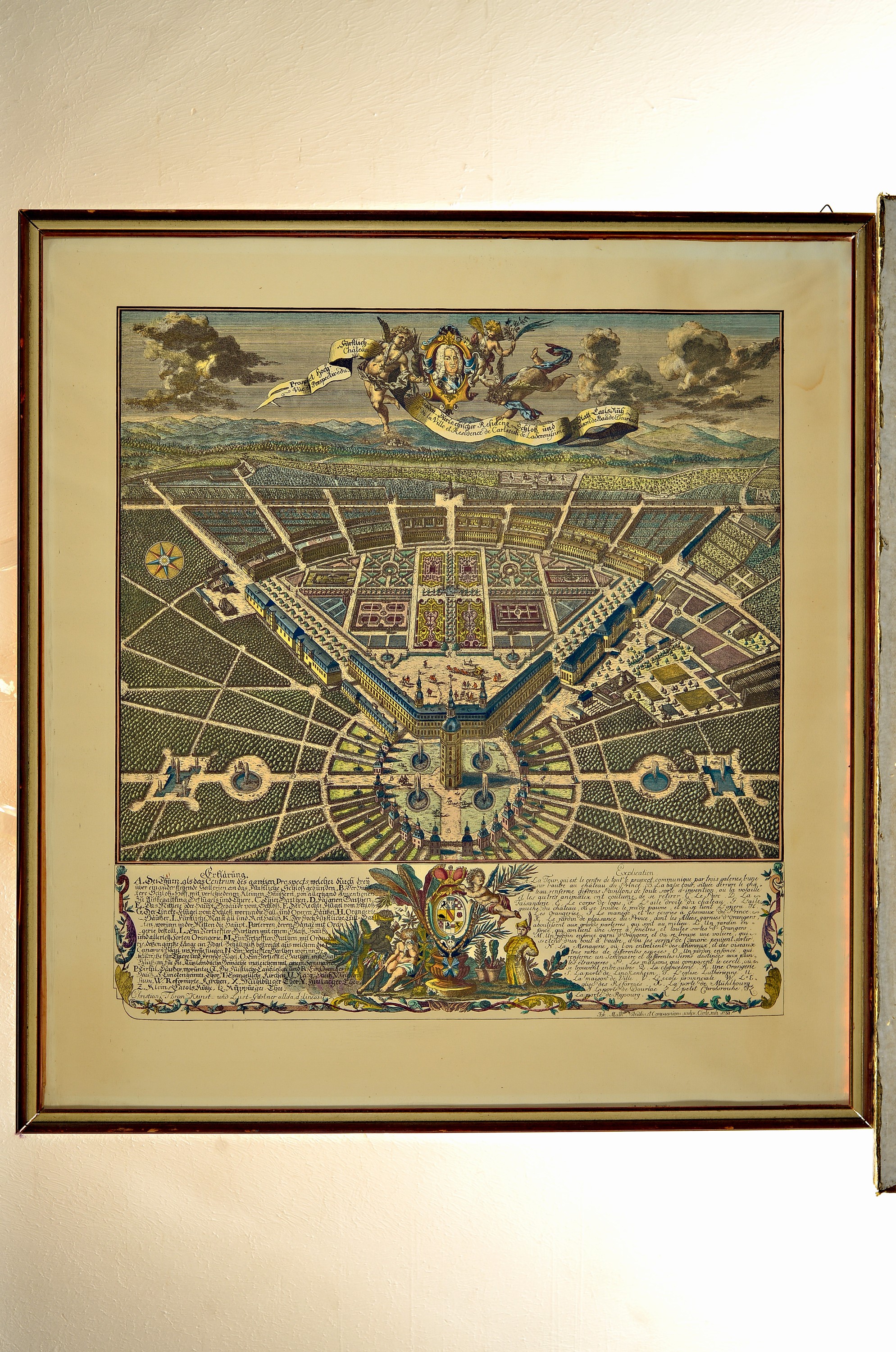 Johann Matthias Steidlin, 1717-1754, Kupferstich von 1739 auf Karlsruhe aus der Vogelschau, mit ausführlicher Beschreibung und zwei Kartuschen, ...