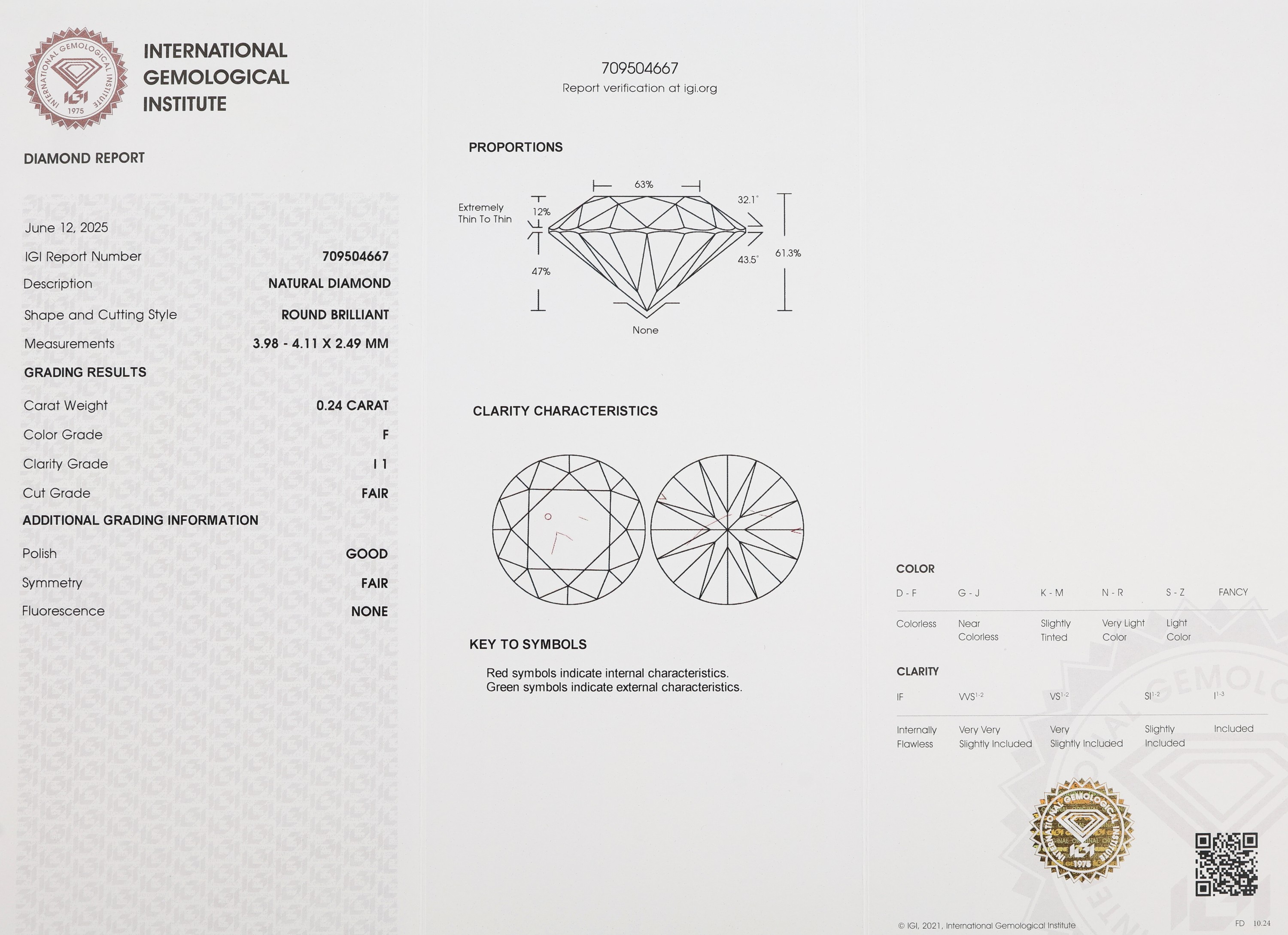 Detail a: Loser Brillant, 0.24 ct feines Weiß+(F)/p1, eingeschweißt, IGI-Expertise