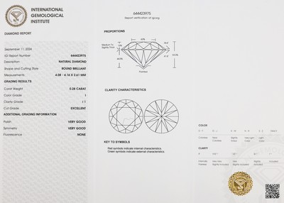 27000400a - Loser Brillant, 0.28 ct l.get.Weiß(I)/p1, eingeschweißt, IGI-Expertise Schätzpreis: ...