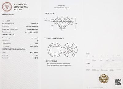 27000403a - Loser Brillant, 0.33 ct feines Weiß (F)/vs2, eingeschweißt, IGI-Expertise Schätzpreis: ...
