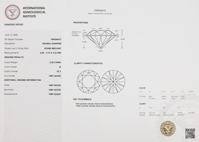 27000434a - Loser Brillant, 0.20 ct feines Weiß(G)/vs2, eingeschweißt, IGI-Expertise Schätzpreis: ...