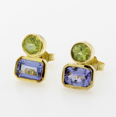 Image Paar Ohrstecker mit Farbsteinen, GG 585/000, 2 Tansanite zus. ca. 1.75 ct, 2 Peridots ...