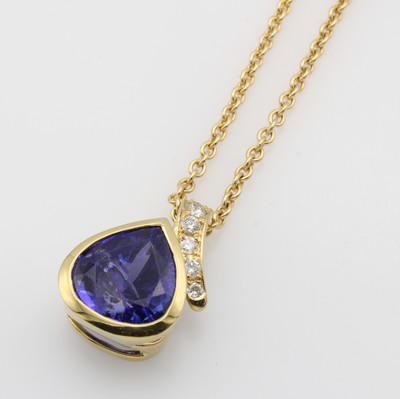 Image Anhänger mit Tansanit und Brillanten an Kette, GG 750/000, Tansanittropfen ca. 7.07 ct, ...