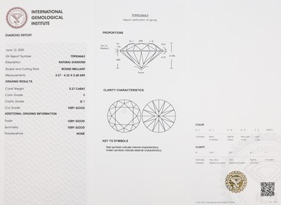27000445a - Loser Brillant, 0.27 ct feines Weiß (F)/si1, eingeschweißt, IGI-Expertise Schätzpreis: ...
