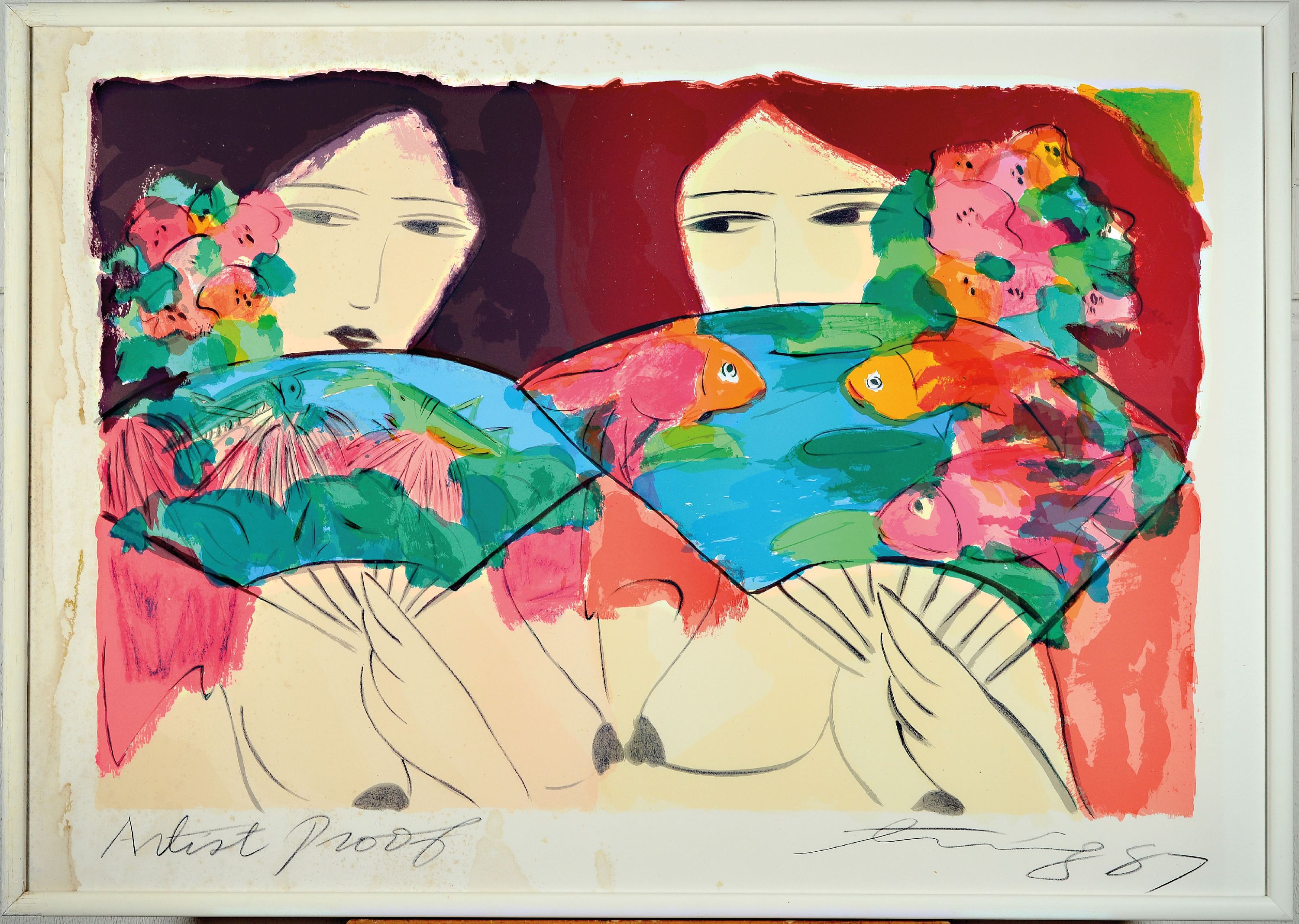Detail k: Walasse Ting, 1929-2010, zwei Frauen mit Fächern, 1987, artist proof, handsigniert, unter Glas gerahmt 75x105 cm, Blatt und Rahmenlinks mit ...
