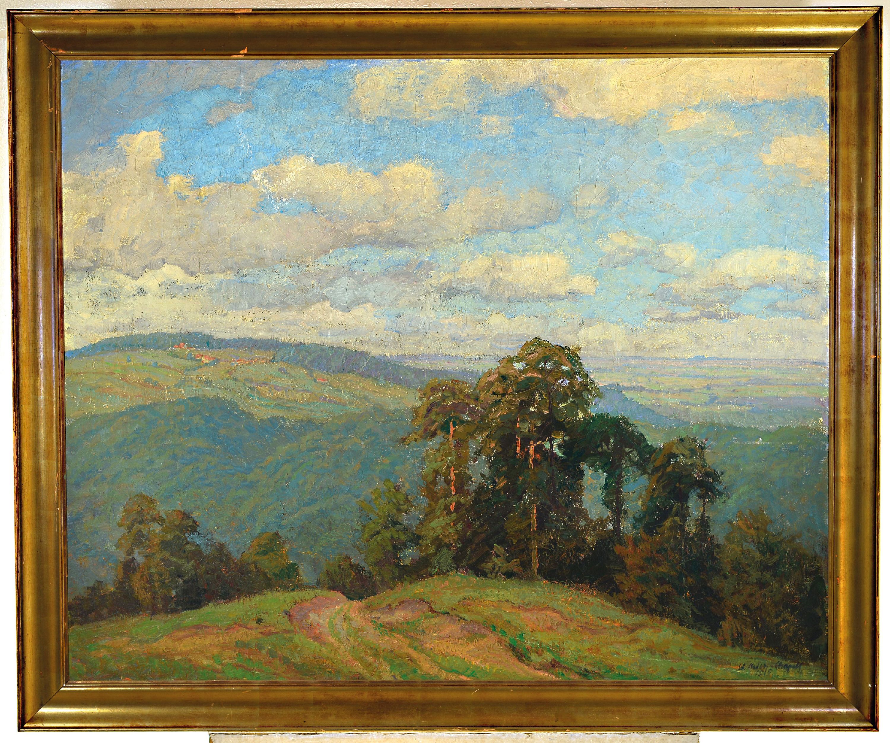 Detail k: Walter Strich-Chapell, 1877 Stuttgart-1960, Weite hügelige Landschaft mit Baumgruppen, Öl/Lwd, rechts unten sign. und dat. 1915, mit kleineren ...