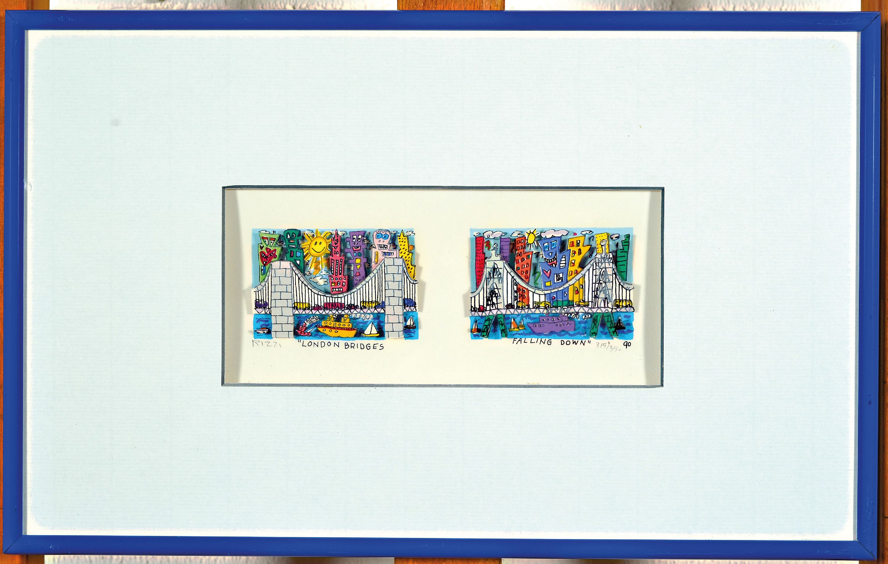 Detail k: James Rizzi, 1950-2011 New York, London Bridges falling down, 2 kleine dreidimensionale Farbserigraphien von 1990 auf einem Blatt, sign., num. ...