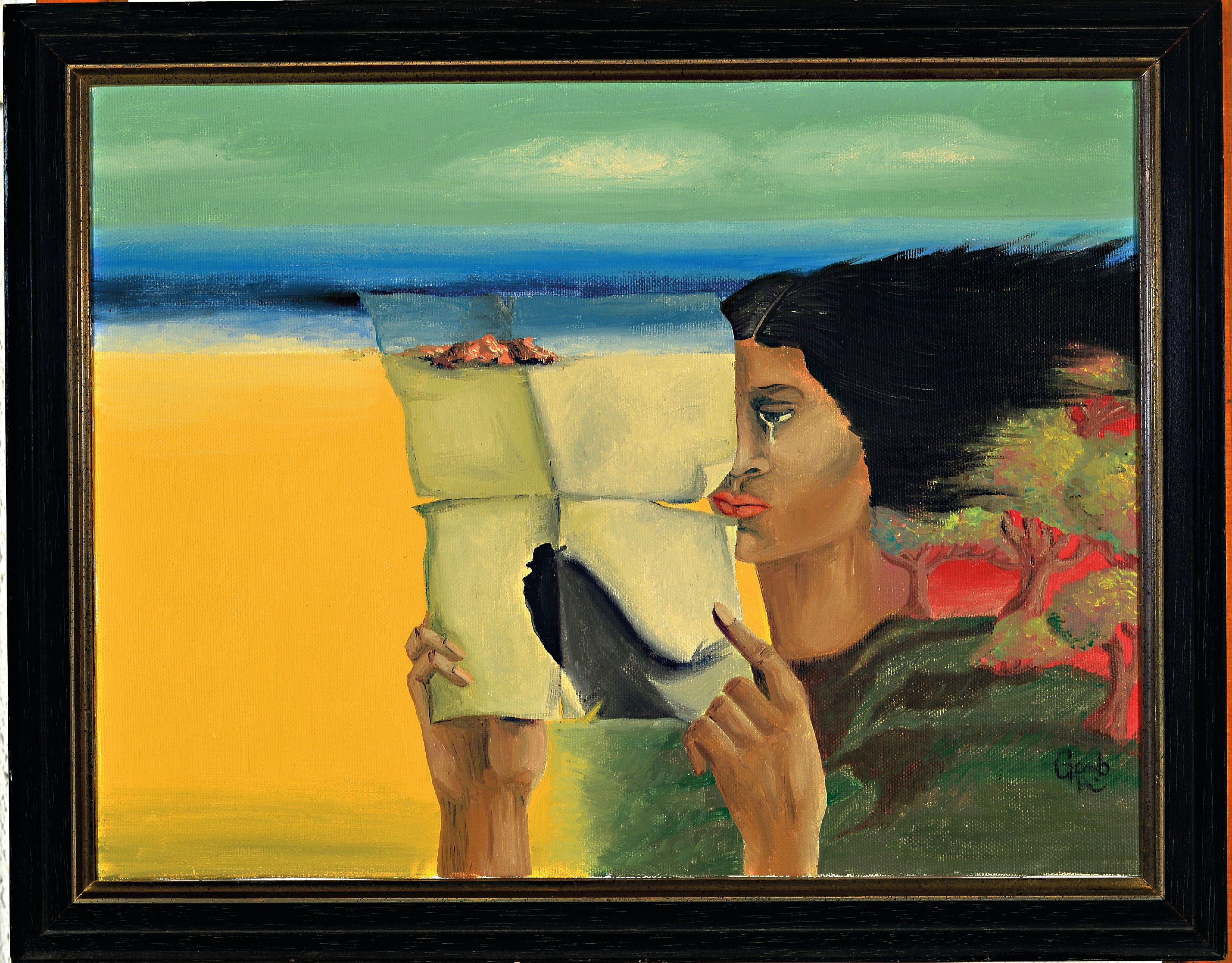 Detail k: Doris Gaab-Vögeli, zeitgen. Künstlerin aus Neustadt an der Weinstraße, Ohne Titel, surrealistische Komposition, Öl/Lwd, rechts unten sign., ca. ...
