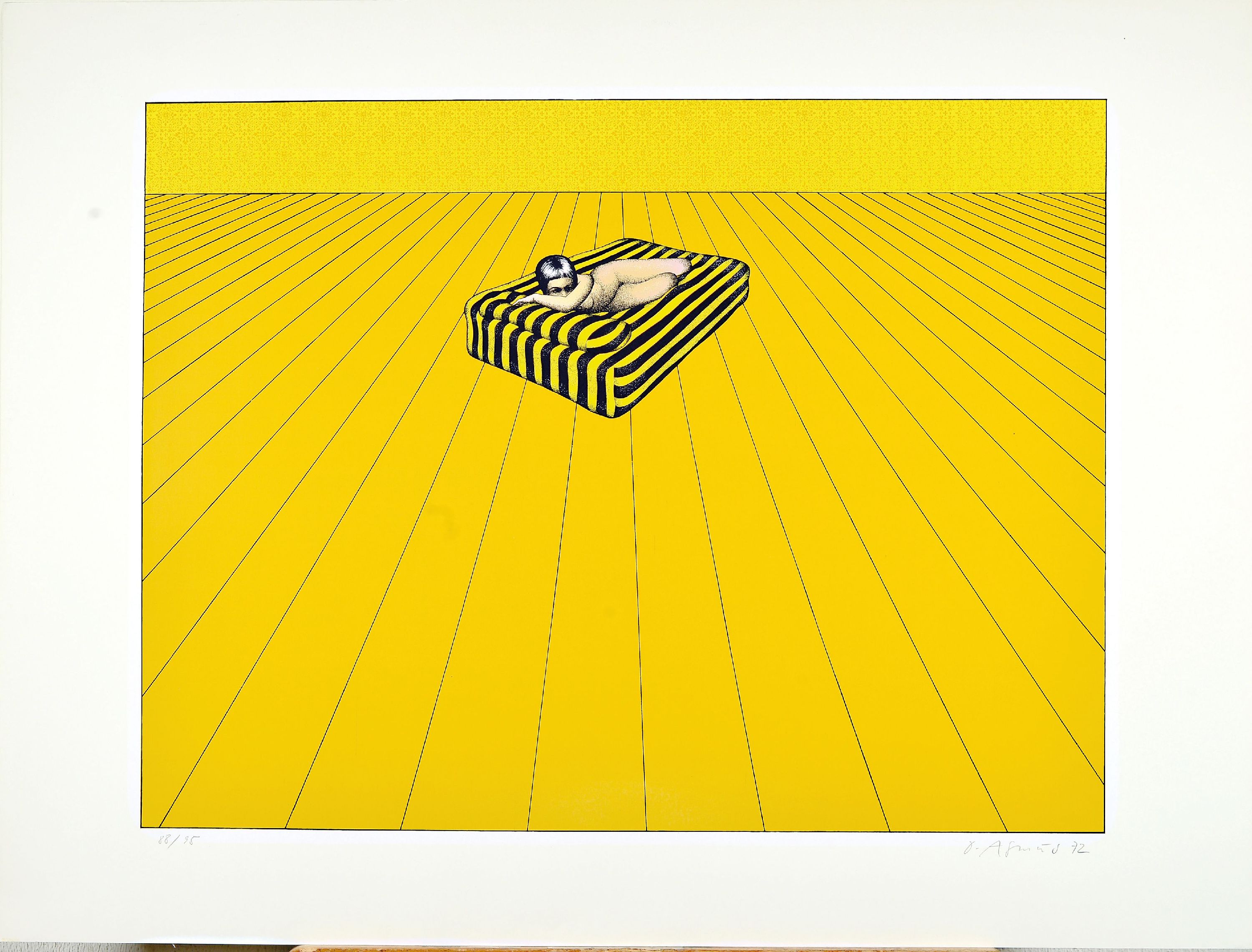 Detail l: Dieter Asmus, geb. 1939 Hamburg, 3 Farbserigraphien, Damenakt auf gestreiftem Bett, 1972, Ed. 88/95, handsigniert, Blatt 65x87 cm; Landschaft mit ...