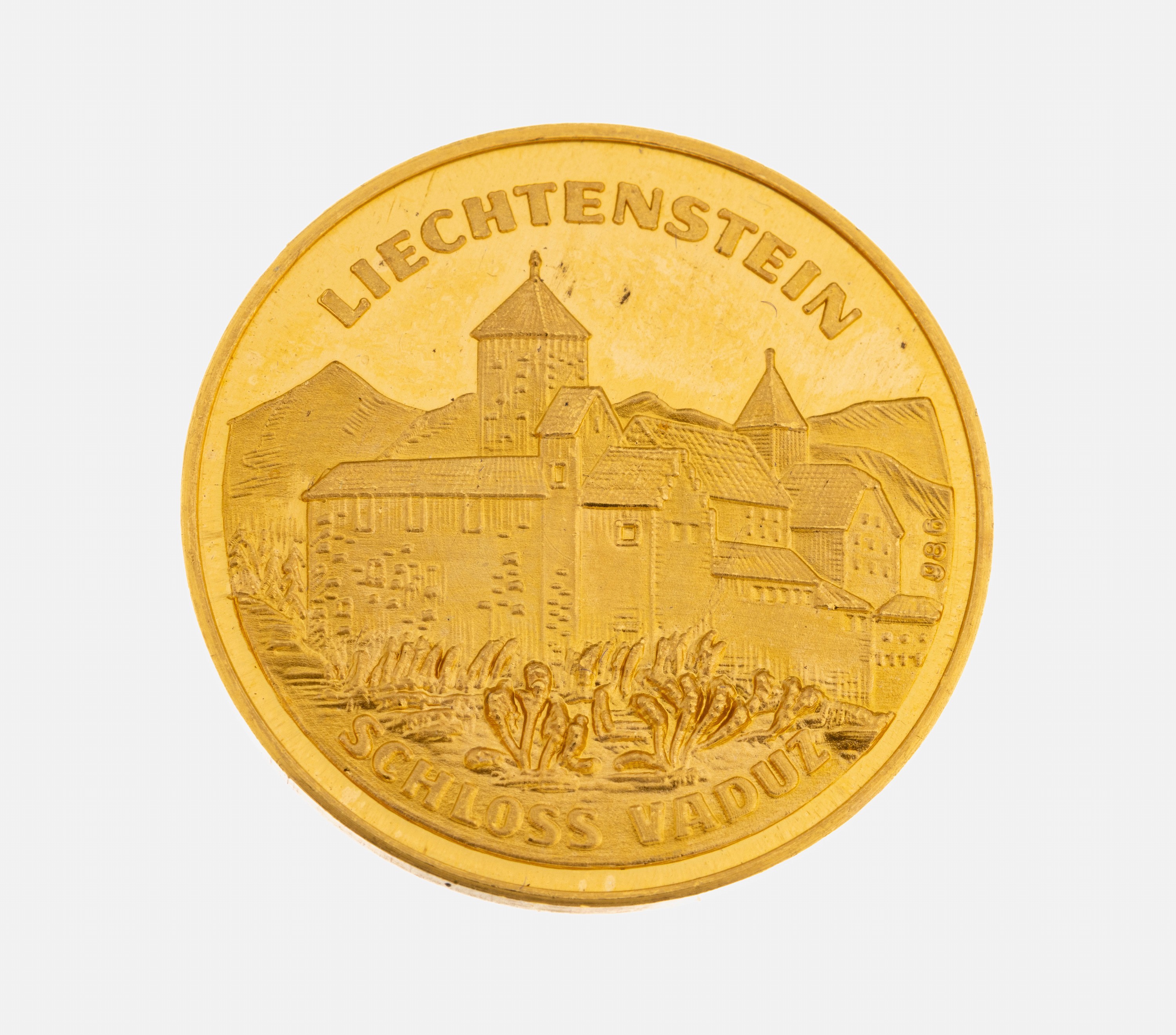 Image 27000902 - Goldmedaille ´Liechtenstein´, GG 986/000, AV: Ansicht Schloss Vaduz, RV: Wappen der elf ...