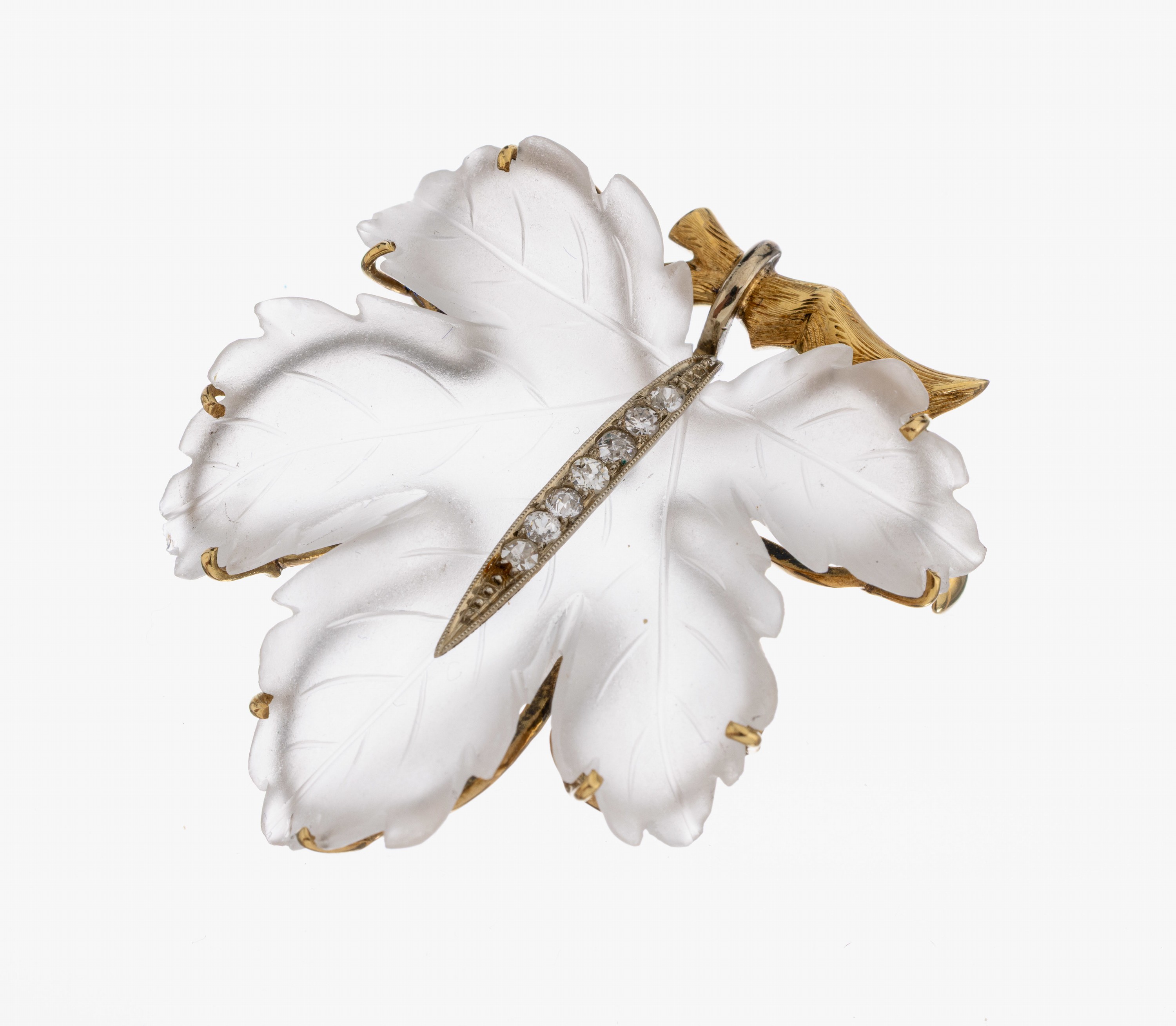 Image 27000992 - 14 kt Gold Bergkristall-Diamant-Brosche, 1950-60er Jahre, GG/WG 585/000, Ahornblatt aus ...