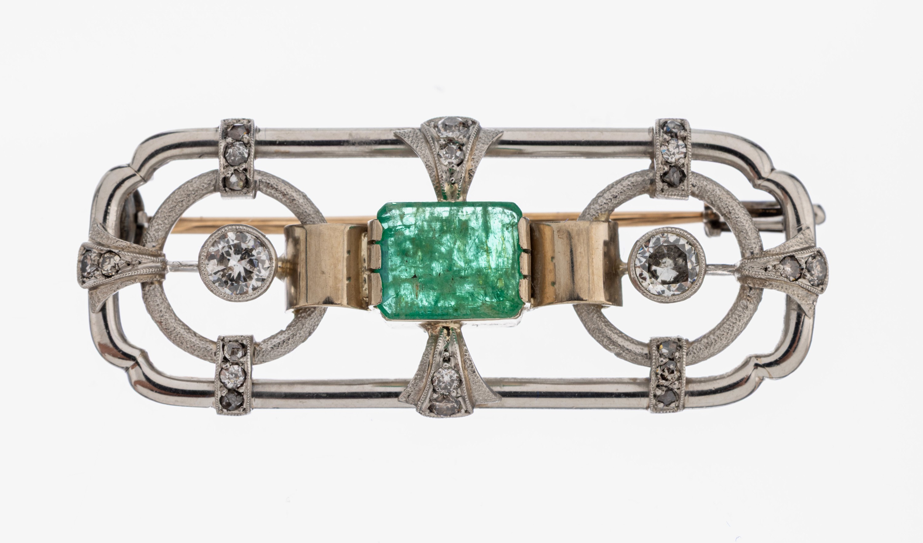 Image 27000995 - Platin Smaragd-Diamant-Brosche, 1930er Jahre, Pt gepr., geometrisch, mittig Smaragd im ...