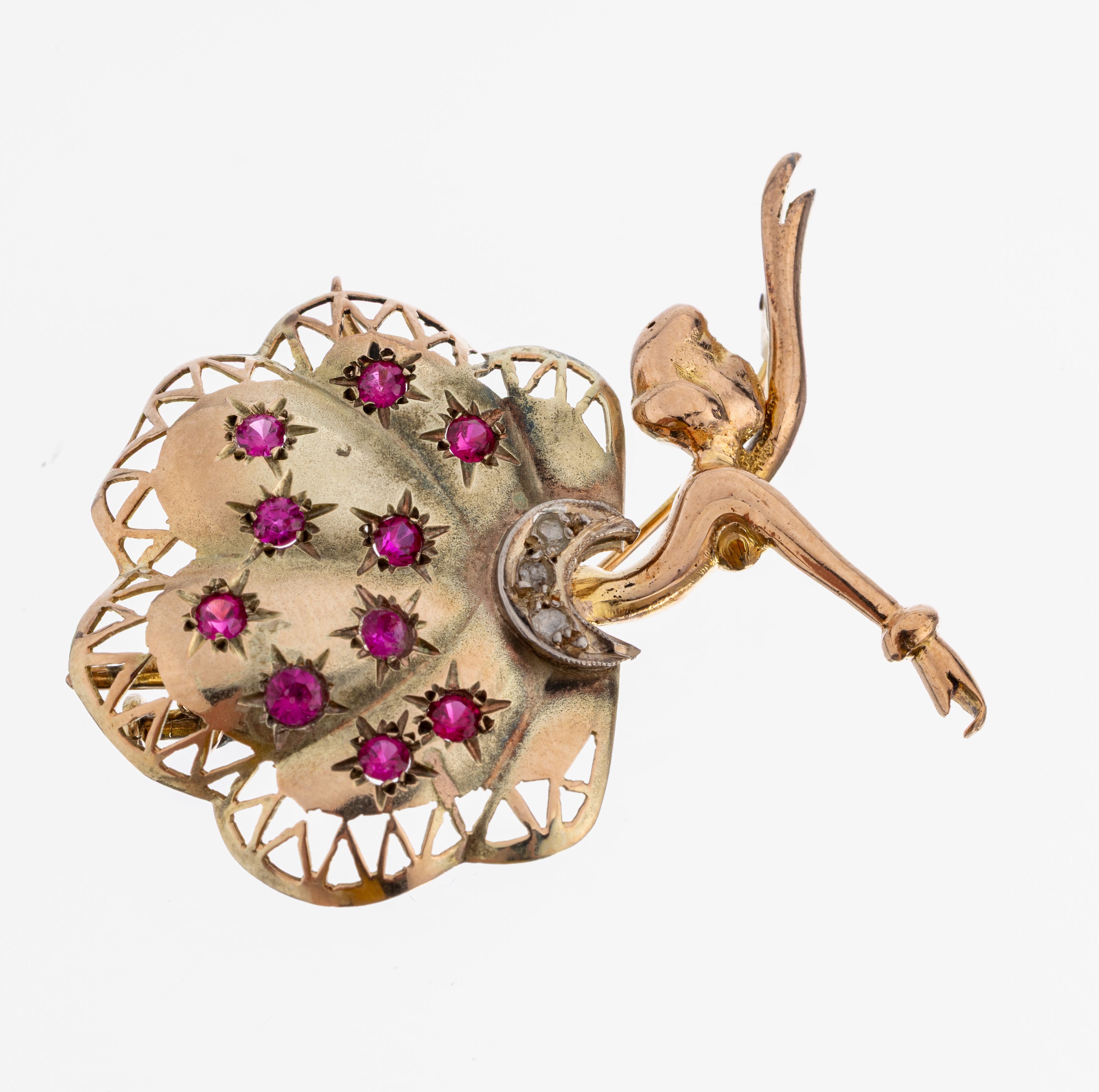 Image 27000997 - 8 kt Gold Rubin-Diamant-Brosche, GG/RG 333/000 gepr., Darstellung einer Tänzerin, ...