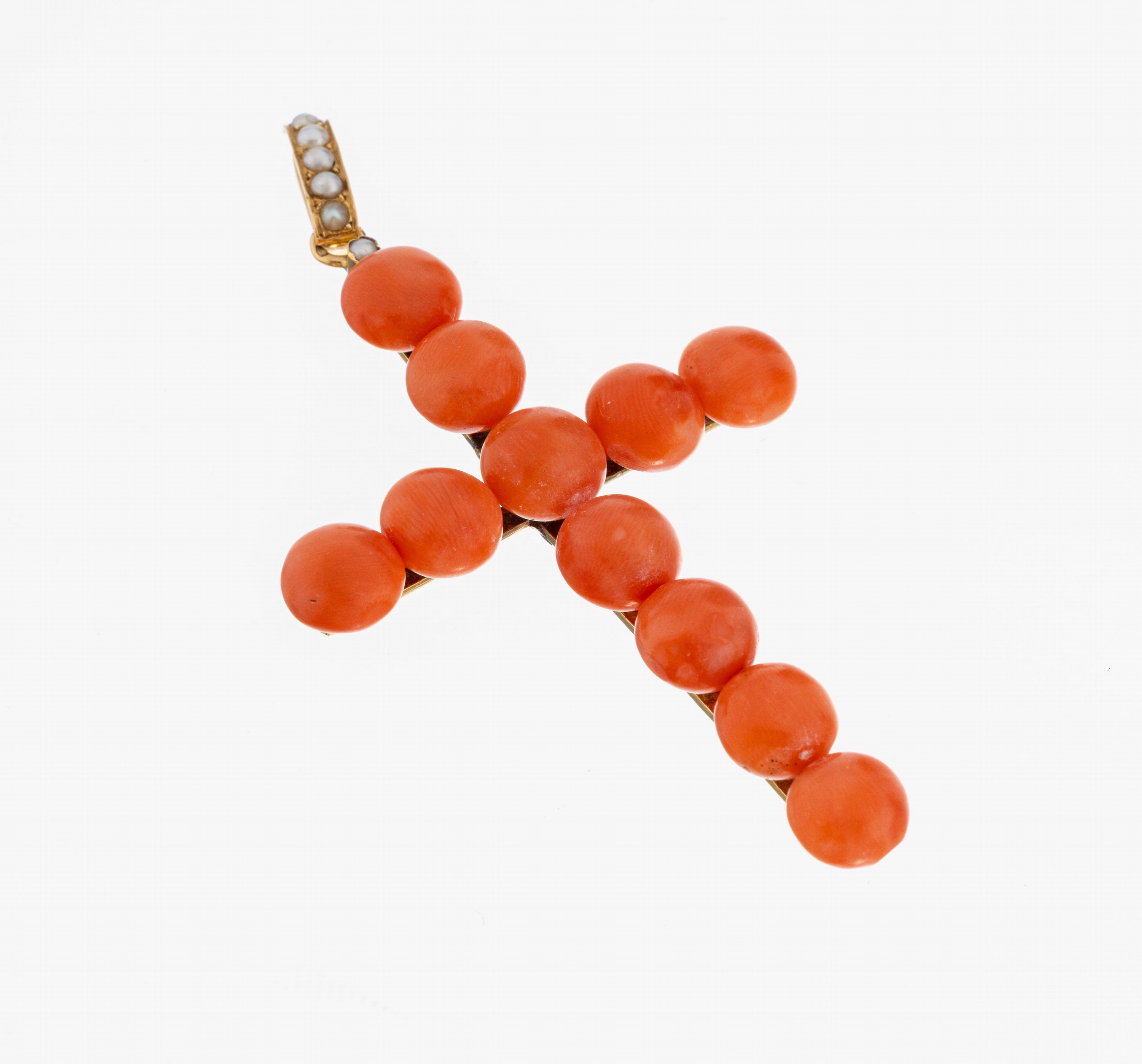 Image 27001002 - 18 kt Gold Korallen-Perl-Kreuzanhänger, GG 750/000 gepr., Kreuz aus 11 runden ...