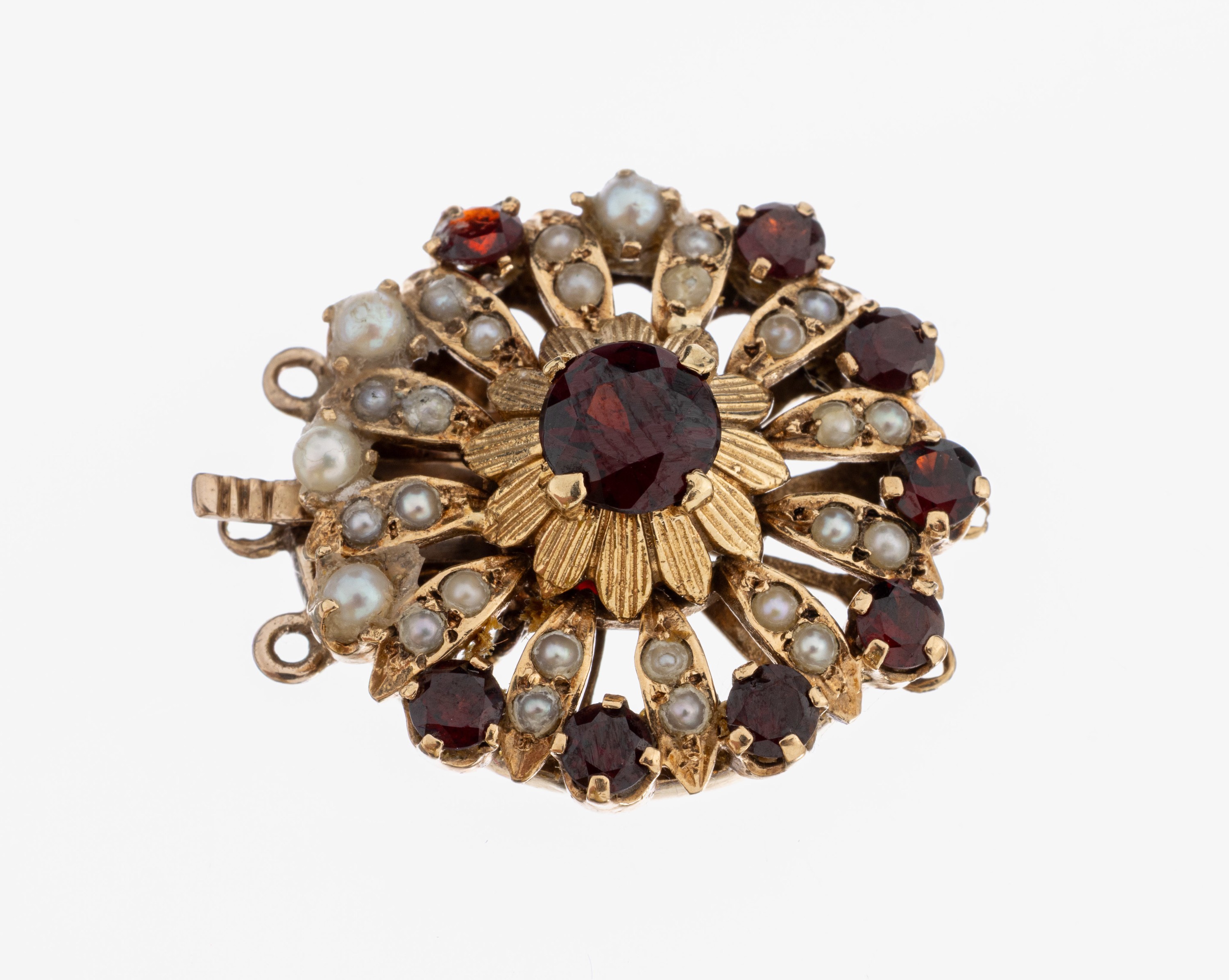 Image 27001005 - 9 kt Gold Granat-Perl-Kettenschließe, GG 375/000, stil. Blüte, 9 rundfacett. Granate, ...