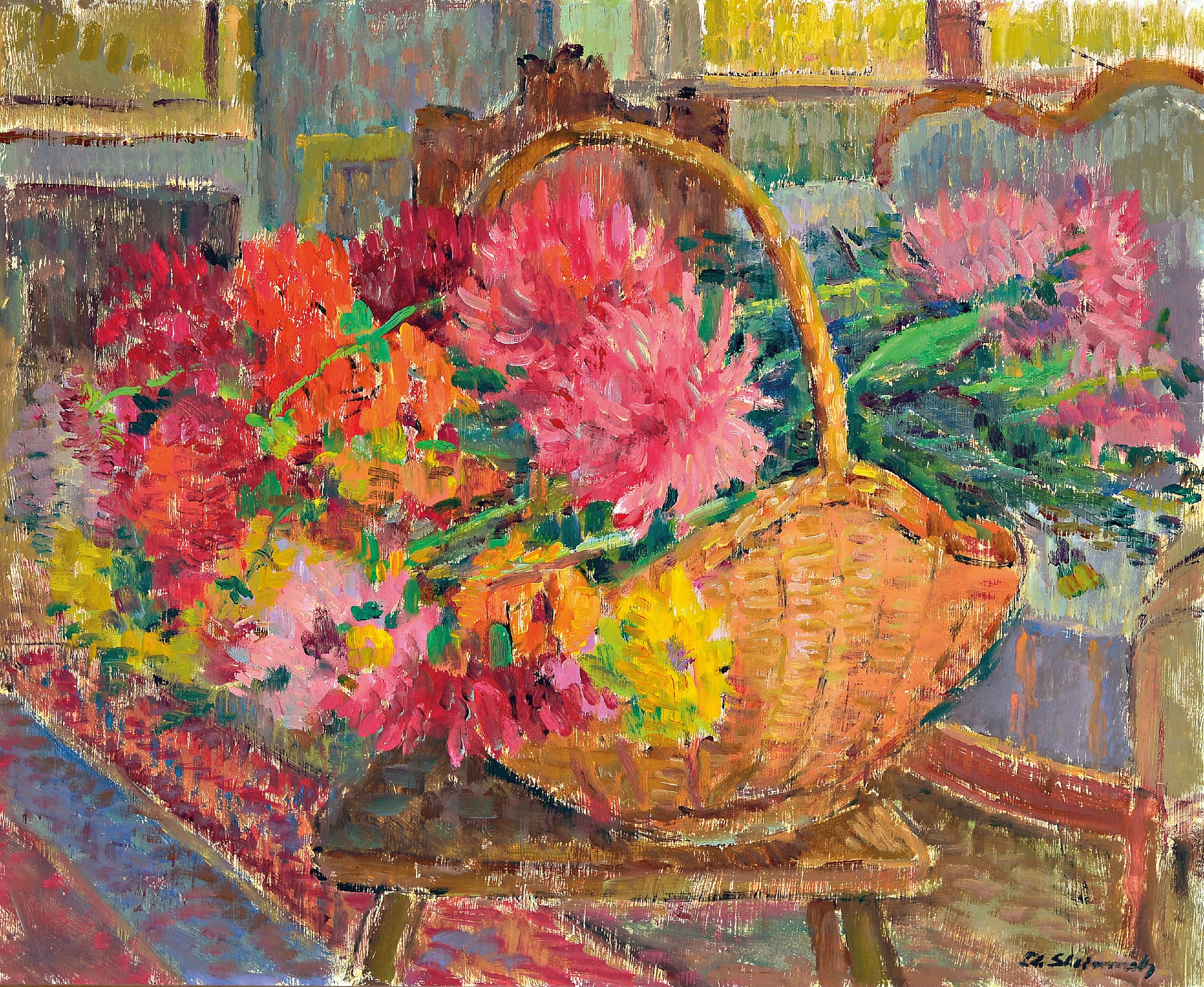 Image 27001008 - Philippe Steinmetz, 1900-1987 Landau, Stillleben mit Dahlien und Korb, Öl/Hartfaser, ...