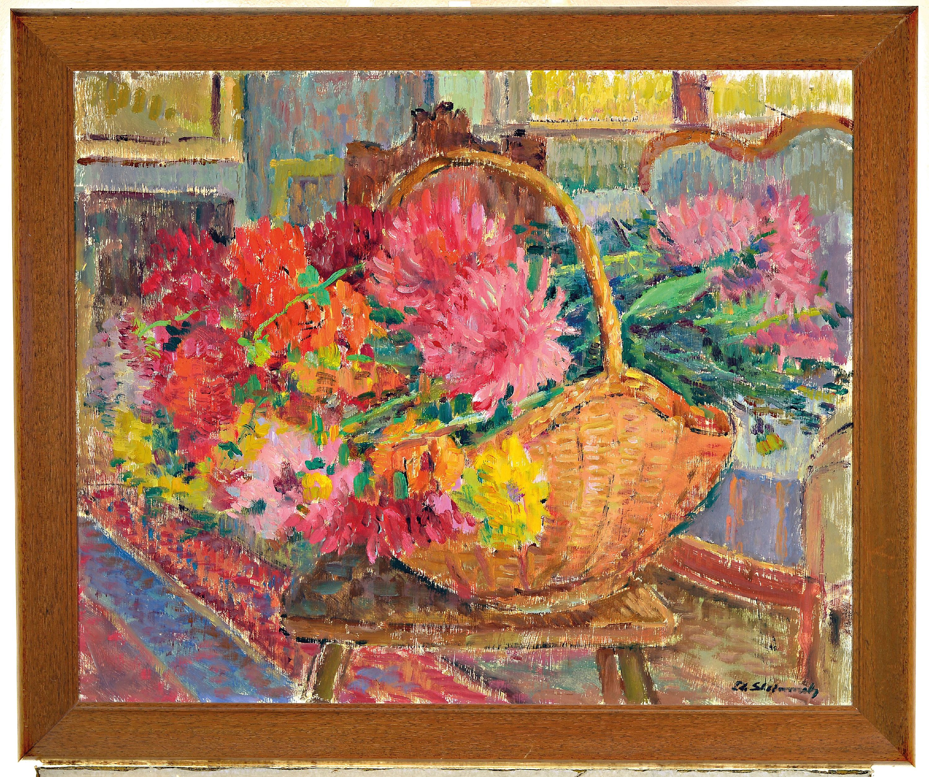 Detail k: Philippe Steinmetz, 1900-1987 Landau, Stillleben mit Dahlien und Korb, Öl/Hartfaser, rechts unten sign., ca. 60x74cm, R. ca. 70x 84cm