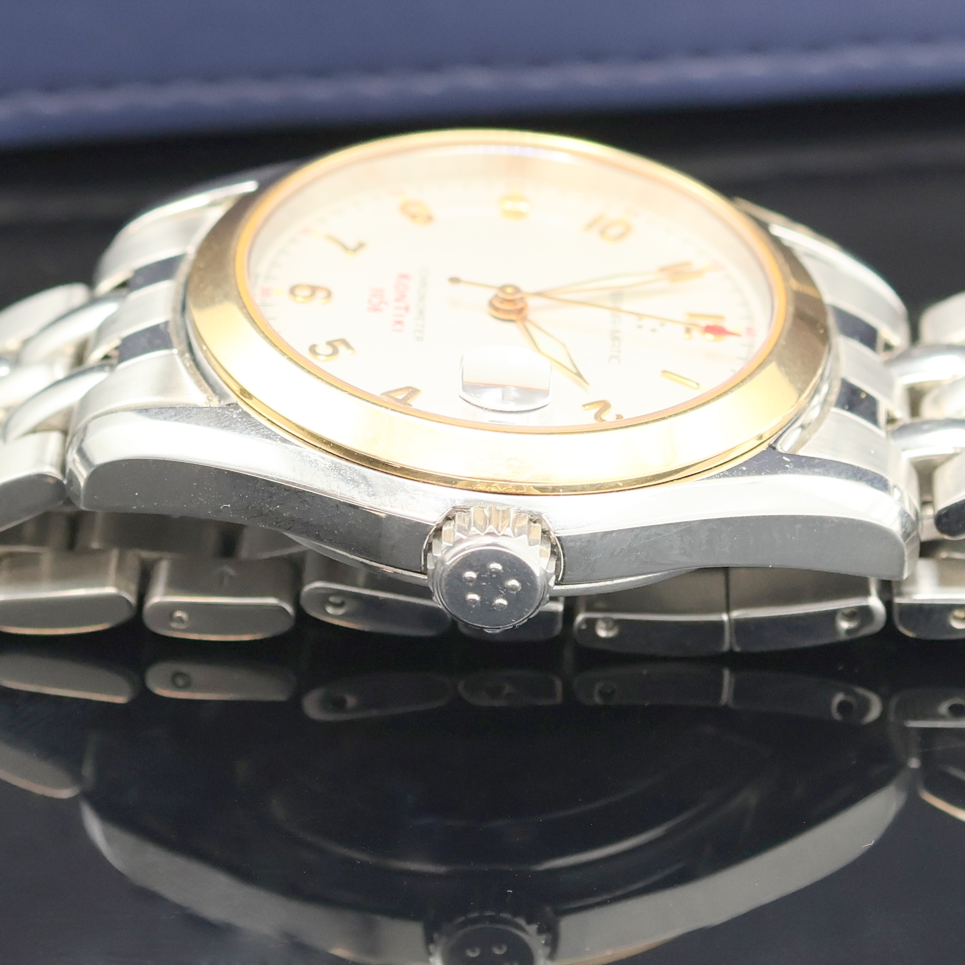 Detail d: ETERNA seltene Herrenarmbanduhr Chronometer Kontiki 1958 Referenz 1573.47, Automatik, Edelstahl/Gold kombiniert inkl. Gliederband m. dopp. Faltschl., ...