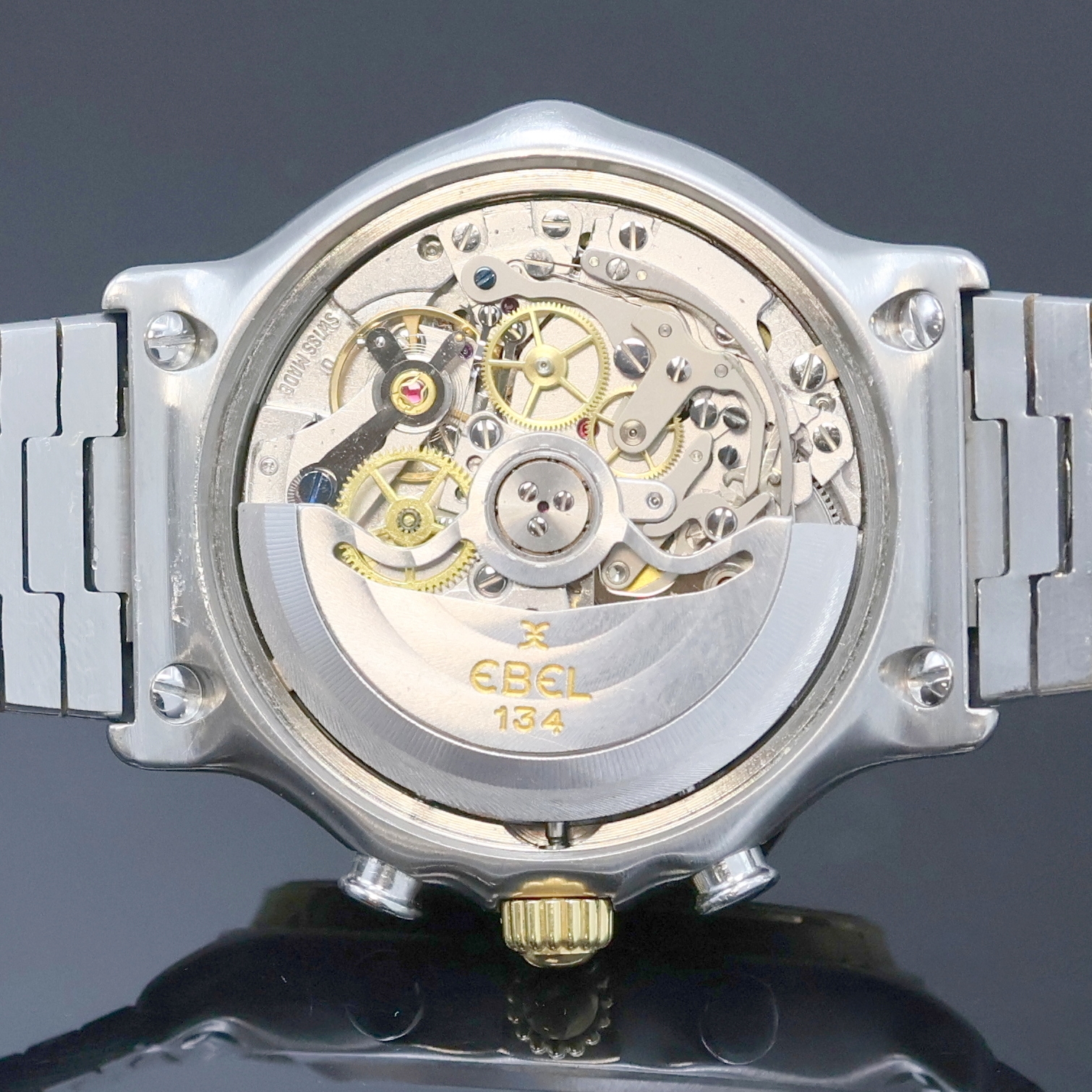 Detail g: EBEL Schaltradchronograph Referenz 1134901, Schweiz um 1990, Automatik, Edelstahl/Gold kombiniert inkl. Wellengliederband m. Kastenschl., Boden ...