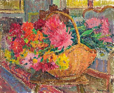 Philippe Steinmetz, 1900-1987 Landau, Stillleben mit Dahlien und Korb, Öl/Hartfaser, rechts unten sign., ca. 60x74cm, R. ca. 70x 84cm