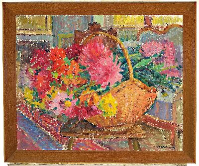 27001008k - Philippe Steinmetz, 1900-1987 Landau, Stillleben mit Dahlien und Korb, Öl/Hartfaser, ...