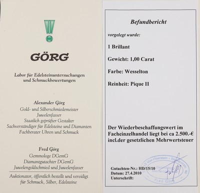 27001037a - Loser Brillant ca. 1.00 ct Weiß/p2, Rundiste besch., Expertise anbei Schätzpreis: 2500, ...