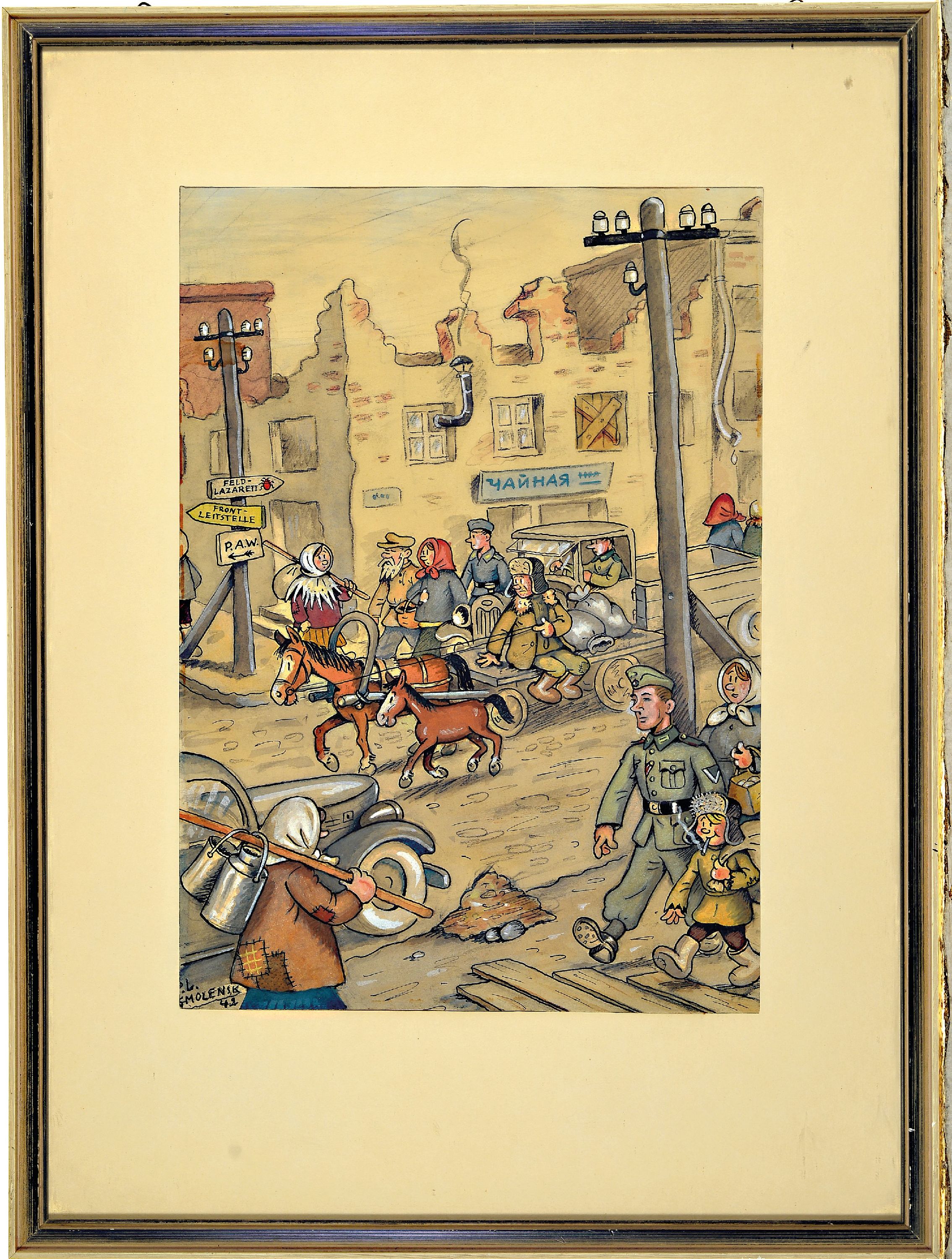 Detail k: Peter Landhoff, Smolensk 1942,, Soldatenleben mit einheimischer Bevölkerung 1942 in Smolensk in der Nähe der Front, comichafte Schilderung, ...