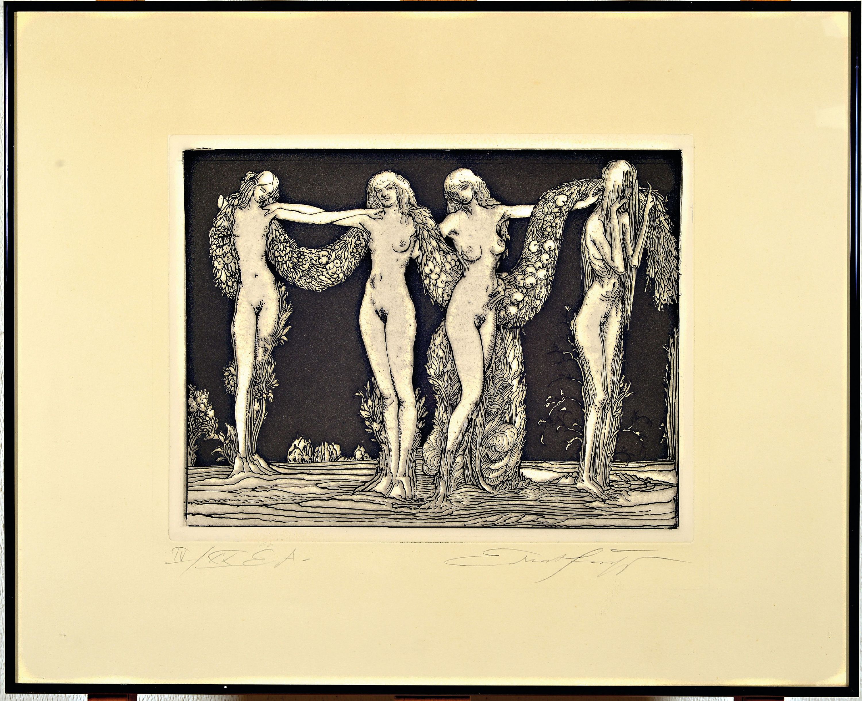 Detail k: Ernst Fuchs, 1930-2015 Wien, Radierung, "Dievier Jahreszeiten", 1976, Ed. e.a., IV/XX, handsigniert, Platte 26,5x34,5 cm, unter Glas ...