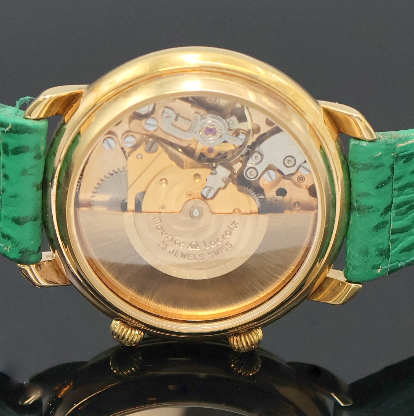 Detail e: MAURICE LACROIX Herrenarmbanduhr mit Wecker, Schweiz um 1995, Automatik, verg. Geh. beids. vergl., neutr. Lederband m. orig. verg. Dornschl., silb. ...