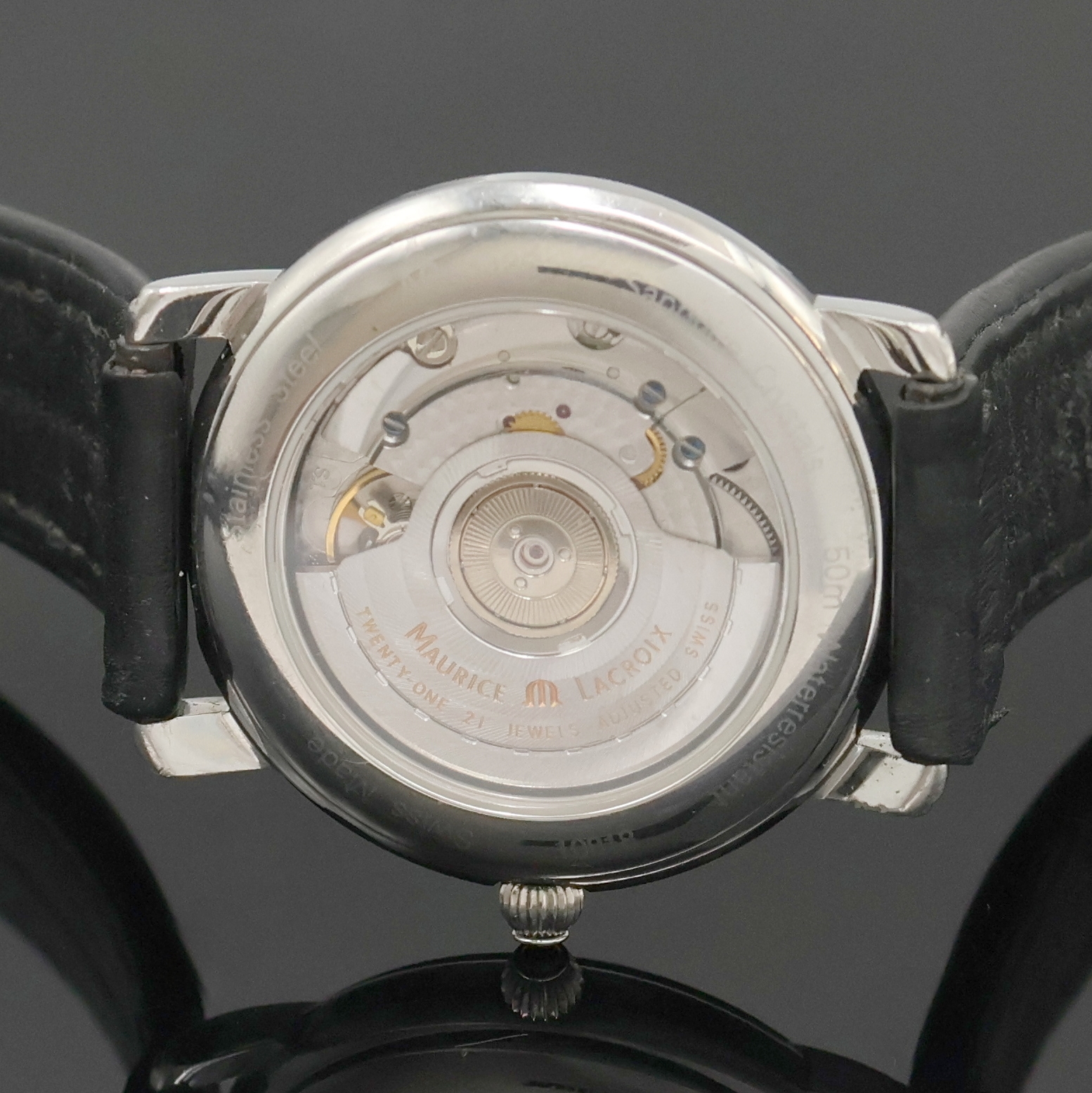 Detail e: MAURICE LACROIX Pontos GMT Herrenarmbanduhr Referenz 10818, Schweiz um 2000, Automatik, beids. vergl. Stahlgeh., Boden aufgedr., Saphirgl., schwarzes ...