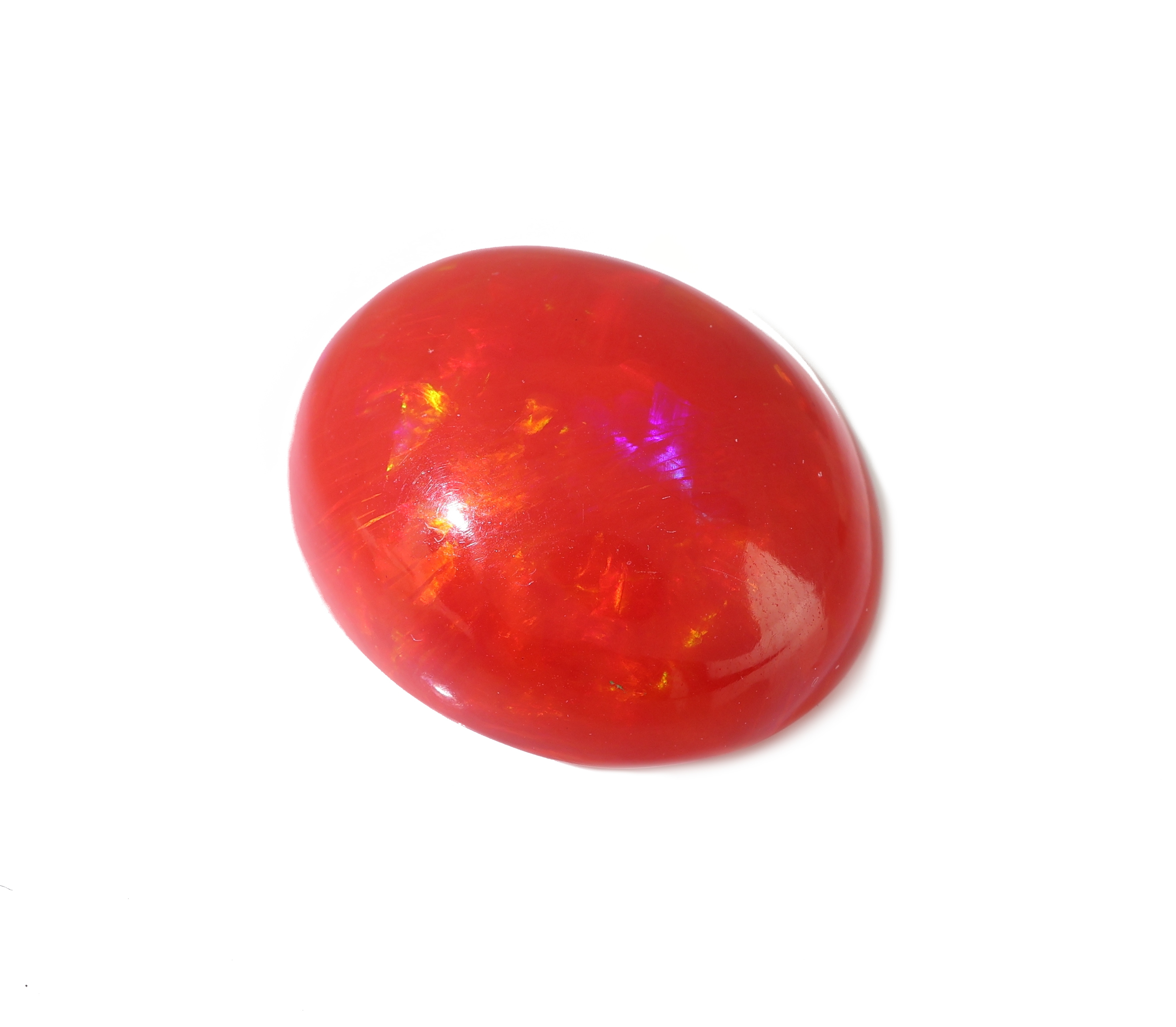 Detail c: Loser roter Opal, 22.74 ct, Red Multi Fire, ovaler Cabochon, ca. 23.28 x 19.48 x 11.02 mm,Herkunft Äthiopien