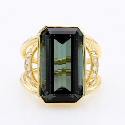 Image Ring mit Turmalin und Brillanten, GG 750/000, achteck., grüner Turmalin ca. 14.32 ct, ...