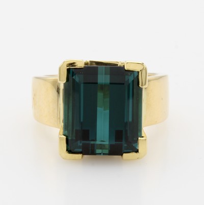 Image Ring mit Turmalin, GG 750/000, rechteckiger, grüner-petrolfarb. Turmalin in breiter ...