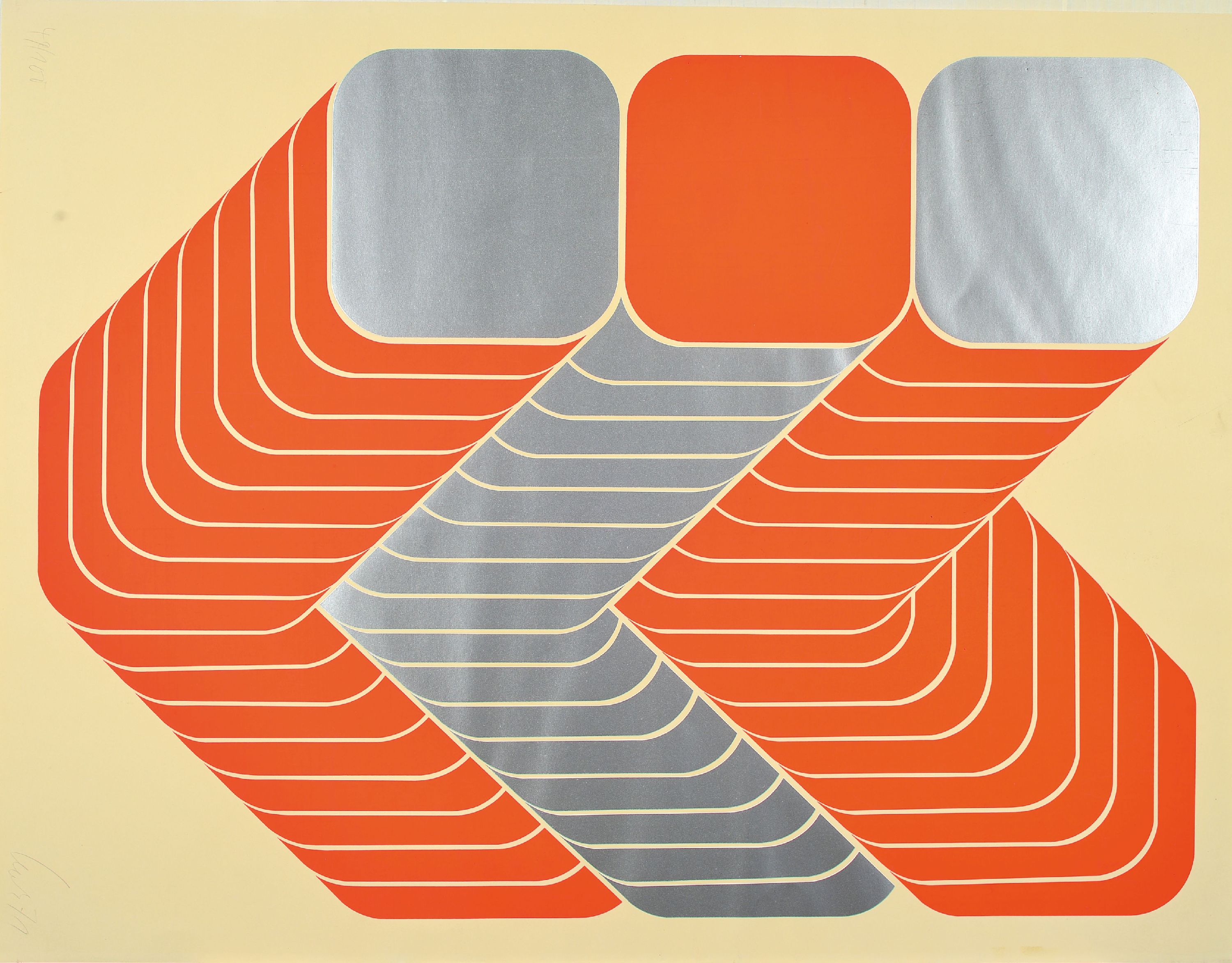 Detail k: Thomas Lenk, 1933 Berlin-2014 Schwäbisch Hall , Farbserigraphie, OP-Art Komposition, 1971,Ed. 49/100, handsigniert, 65x50 cm, ungerahmt,l. beschmutzt