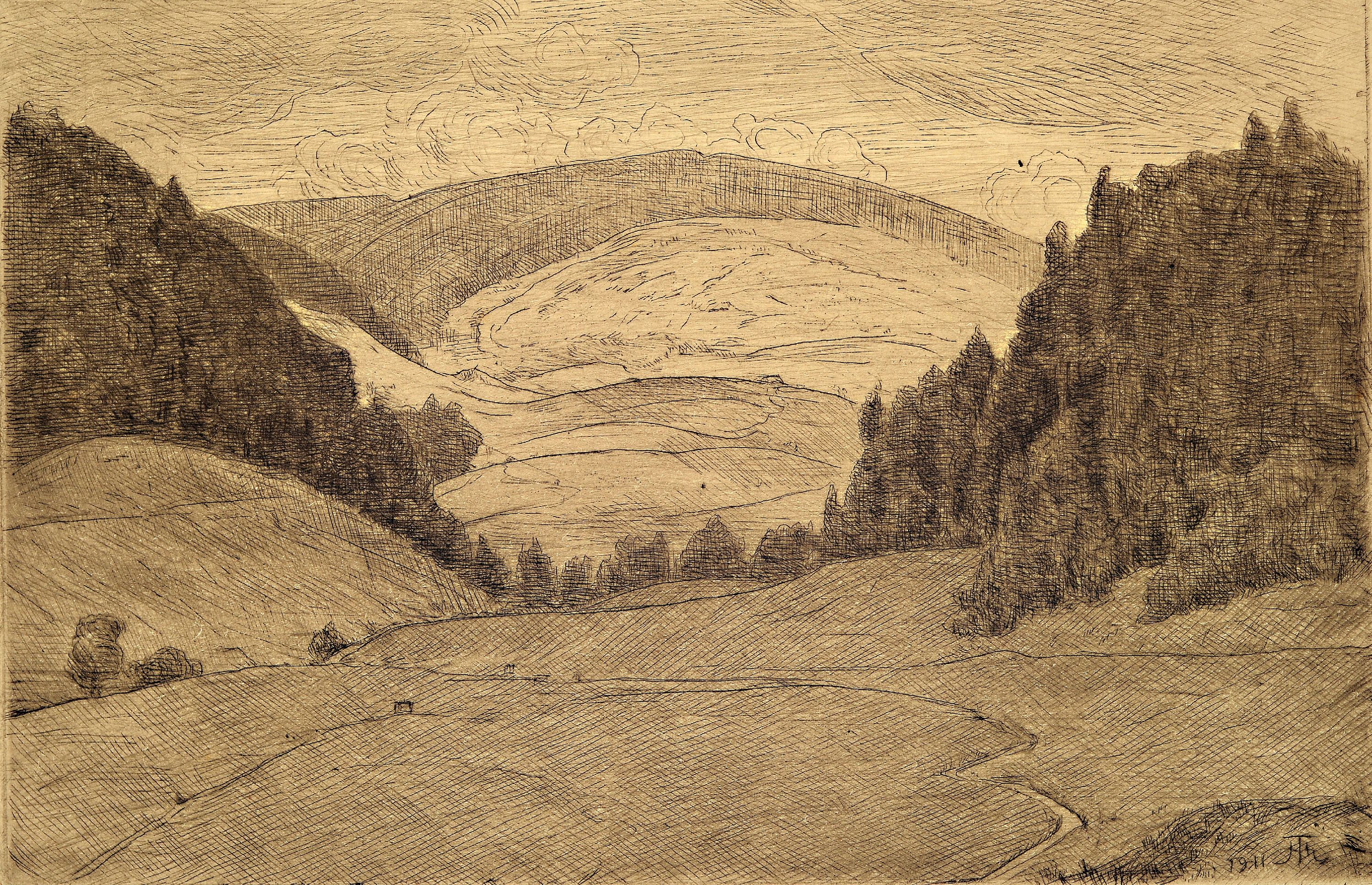 Detail a: Hans Thoma, 1839 Bernau - 1924 Karlsruhe, drei Radierungen: a. Selbstbildnis 1839-1919, handsigniert, Lichtschaden, gebräunt, ca. 44.5 x 33.5 cm, b. ...