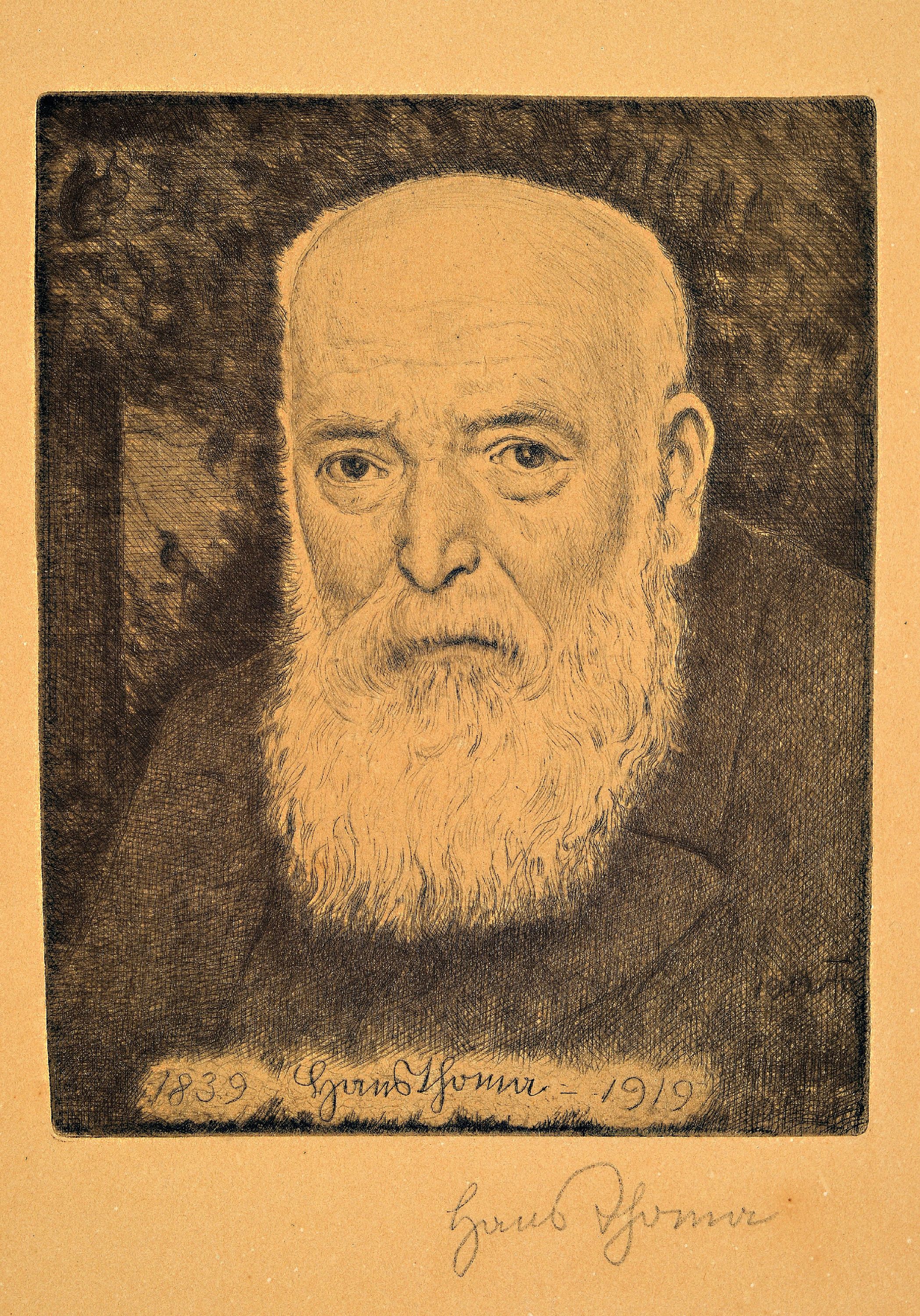 Detail b: Hans Thoma, 1839 Bernau - 1924 Karlsruhe, drei Radierungen: a. Selbstbildnis 1839-1919, handsigniert, Lichtschaden, gebräunt, ca. 44.5 x 33.5 cm, b. ...