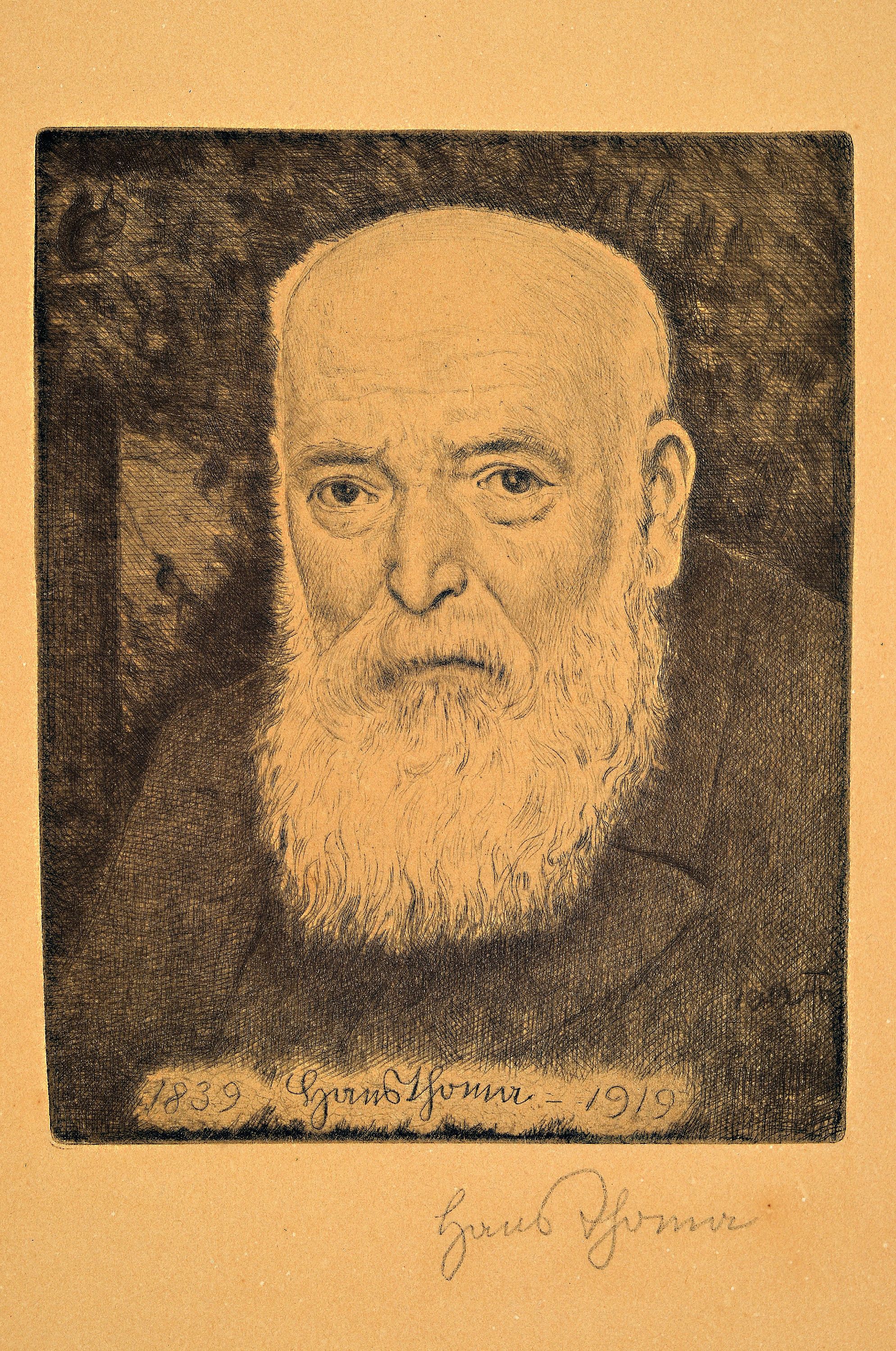 Detail m: Hans Thoma, 1839 Bernau - 1924 Karlsruhe, drei Radierungen: a. Selbstbildnis 1839-1919, handsigniert, Lichtschaden, gebräunt, ca. 44.5 x 33.5 cm, b. ...