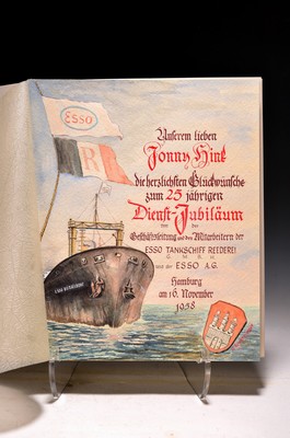 27002033a - Mappe zu 25 jährigen Diensjubiläum, Jonny Hink, Esso, Mappe mit einem Aquarell und ...