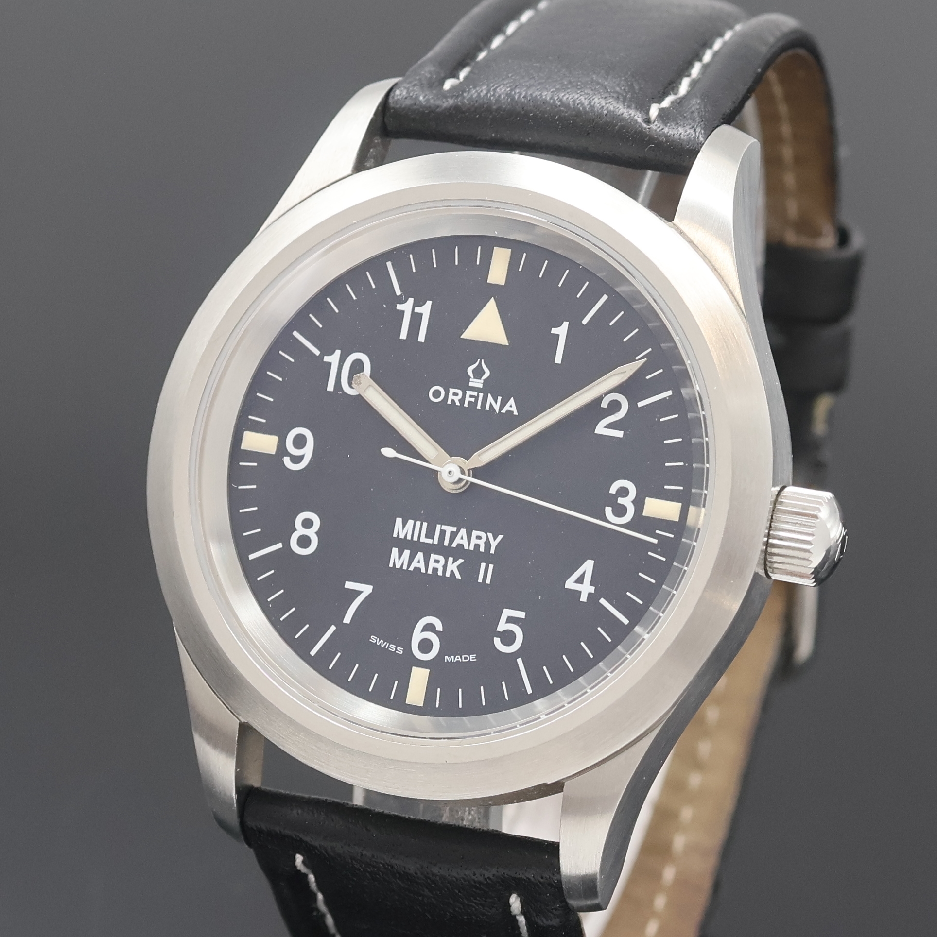 Detail a: ORFINA Military Mark II Fliegeruhr Referenz 6190, Schweiz verk. lt. beil. Garantie 04/1997, Automatik, Edelstahlgeh., verschr. Boden, schwarzes ...