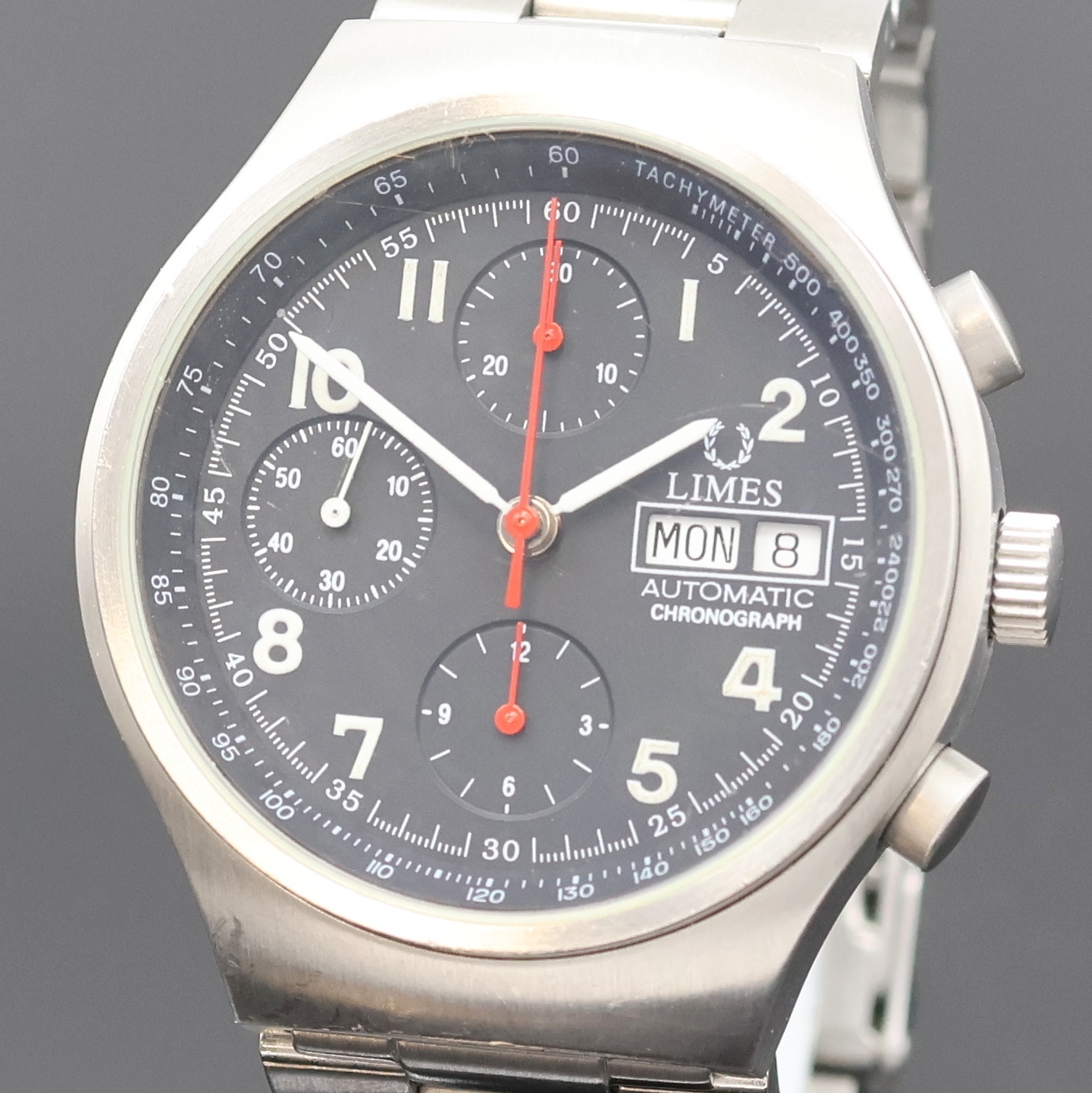 Detail a: LIMES Armbandchronograph in Stahl, Schweiz um 2000, Automatik, beids. vergl. Geh., Boden aufgedr., neutr. Gliederband m. Faltschl., schwarzes ...