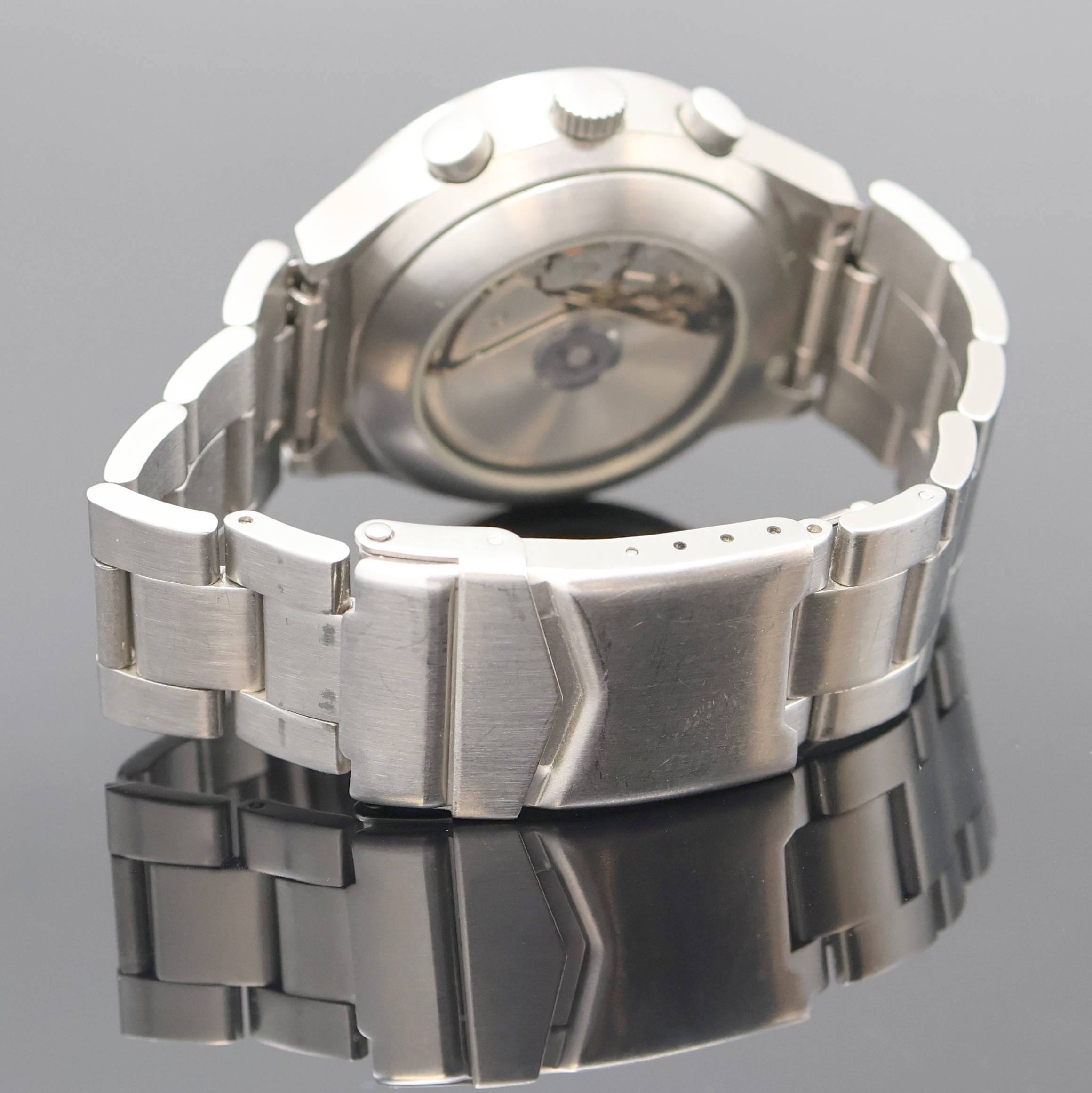Detail c: LIMES Armbandchronograph in Stahl, Schweiz um 2000, Automatik, beids. vergl. Geh., Boden aufgedr., neutr. Gliederband m. Faltschl., schwarzes ...