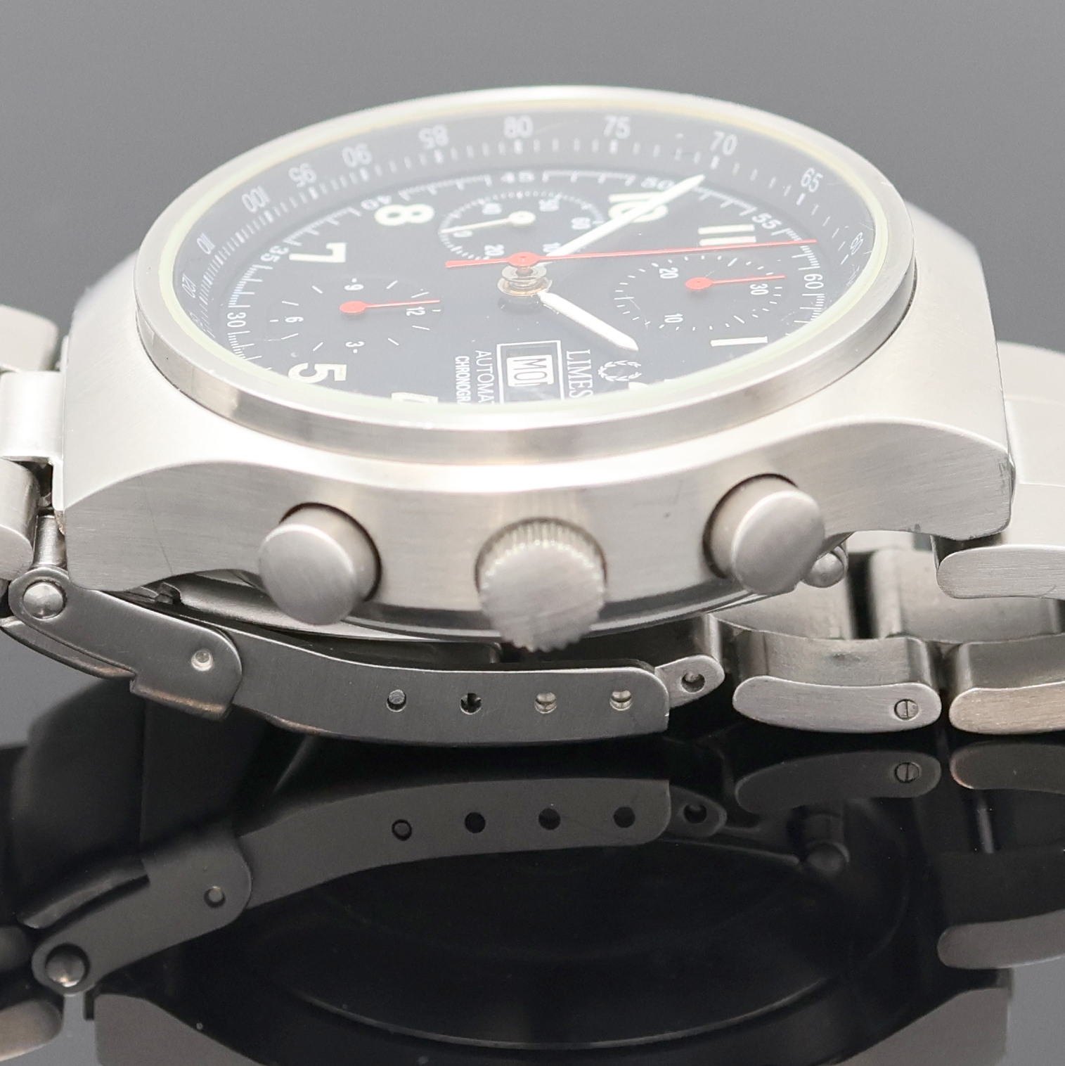 Detail d: LIMES Armbandchronograph in Stahl, Schweiz um 2000, Automatik, beids. vergl. Geh., Boden aufgedr., neutr. Gliederband m. Faltschl., schwarzes ...