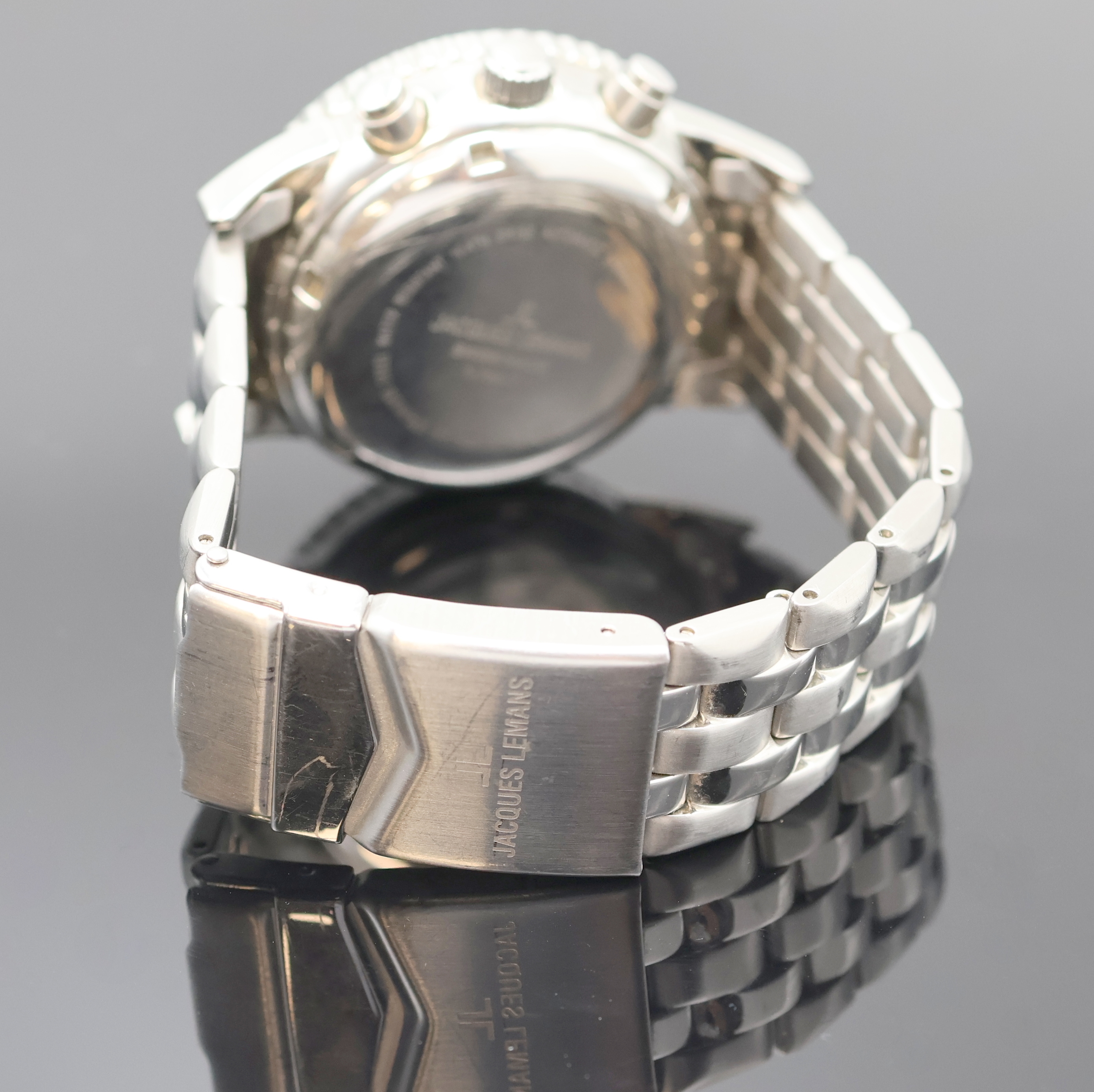 Detail c: JACQUES LEMANS Flieger-Armbandchronograph Referenz 1-789-T, Schweiz um 1995, Automatik, Edelstahlgeh. inkl. orig. Gliederband m. Faltschl., Boden u. ...